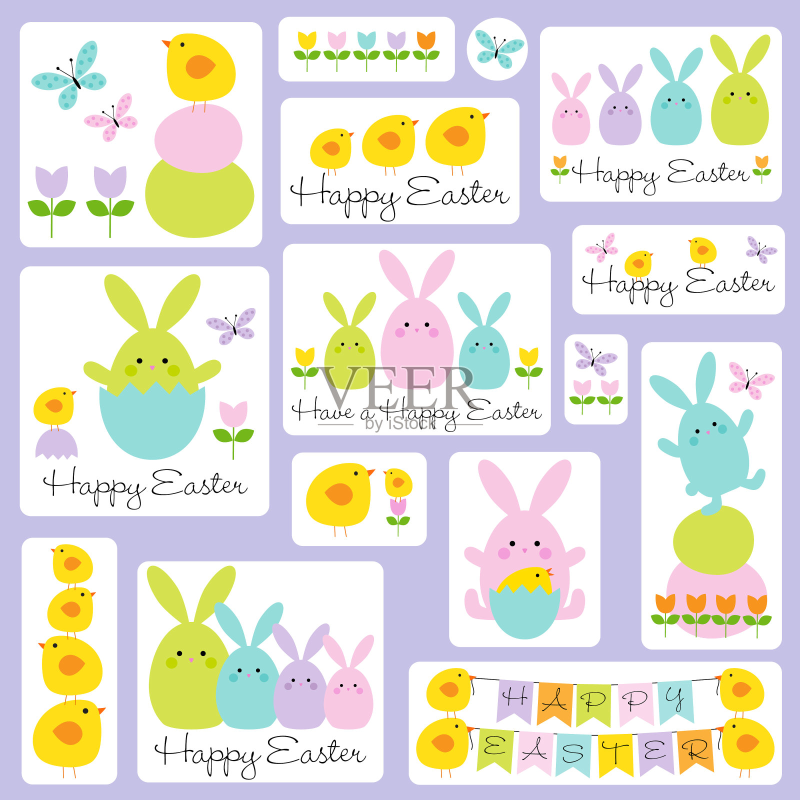 可爱的复活节兔子和小鸡图形插画图片素材