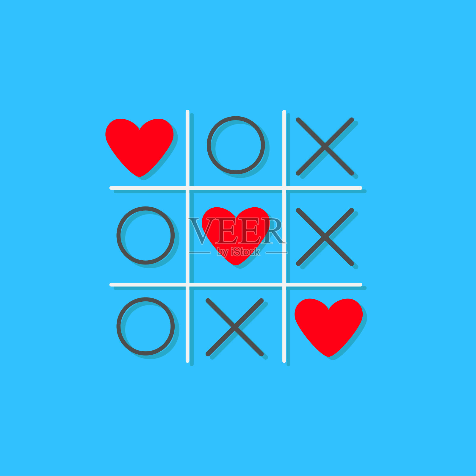 Tic tac toe游戏与十字和三个红心标志标志爱卡平面设计蓝色背景插画图片素材