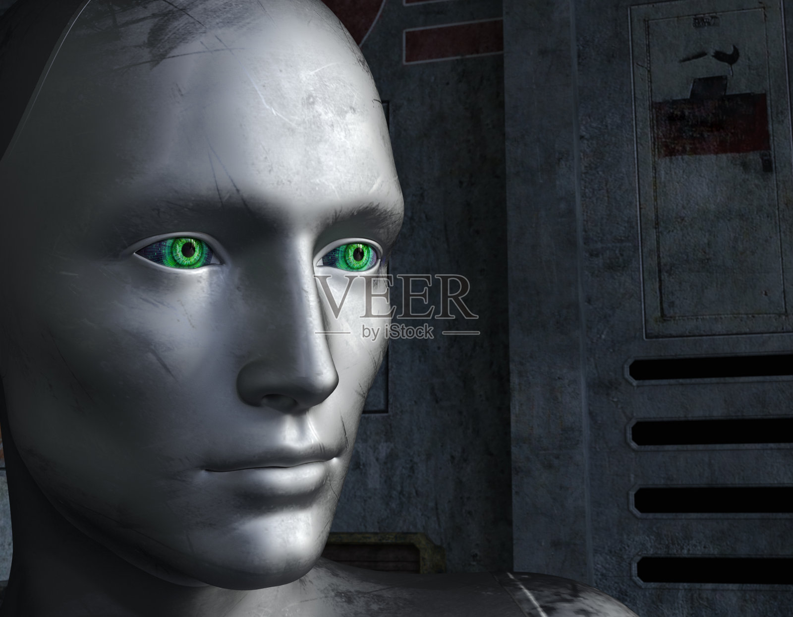 未来主义背景下的绿色眼睛机器人照片摄影图片
