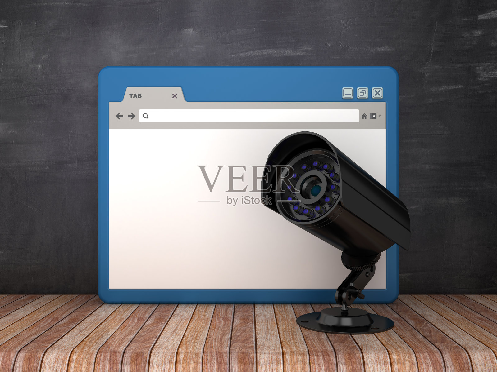 Web浏览器与安全摄像头在黑板背景- 3D渲染照片摄影图片