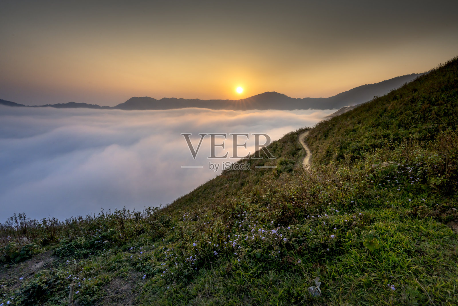 神奇的日落景观与云海在山谷和山在塔学，桑拉，越南照片摄影图片