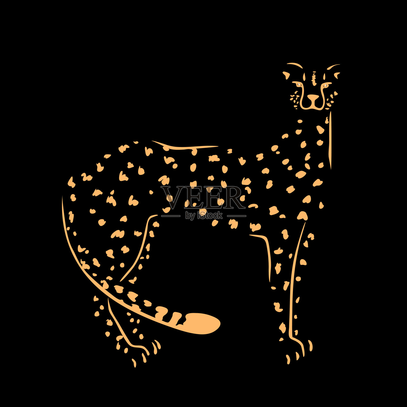 猎豹的剪影，黑色背景上的金色。矢量插图，手绘。设计元素图片