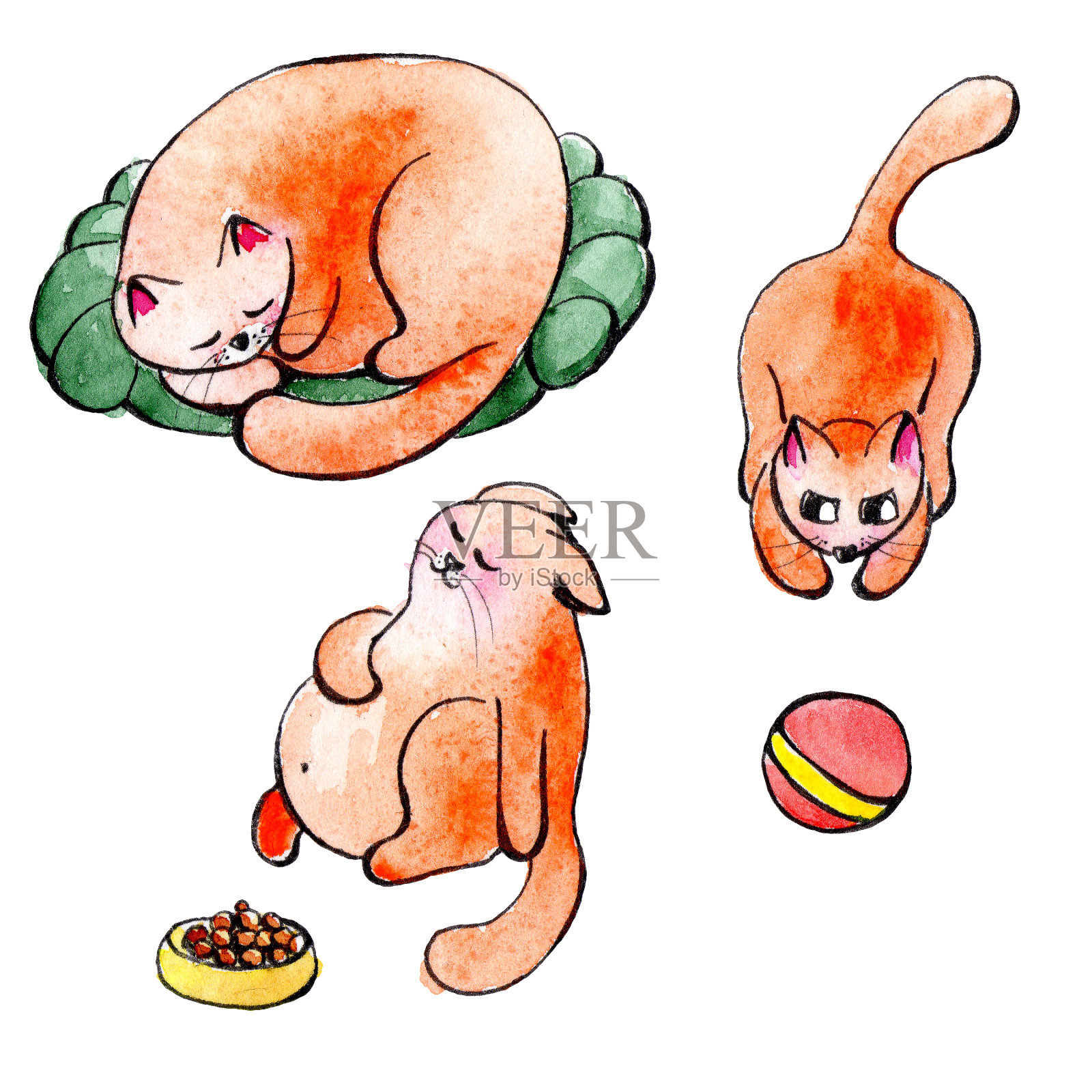 姜小猫素描水彩素描在白色的背景。猫睡在枕头上，玩球，吃得太多，坐在一碗食物旁边。手工绘制。插画图片素材