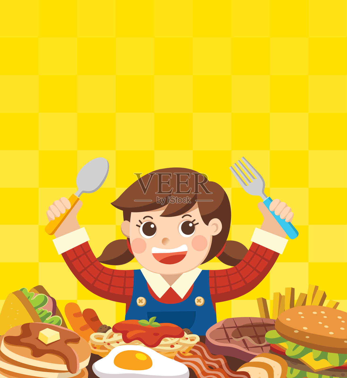 一个女孩用勺子和叉子吃食物。插画图片素材