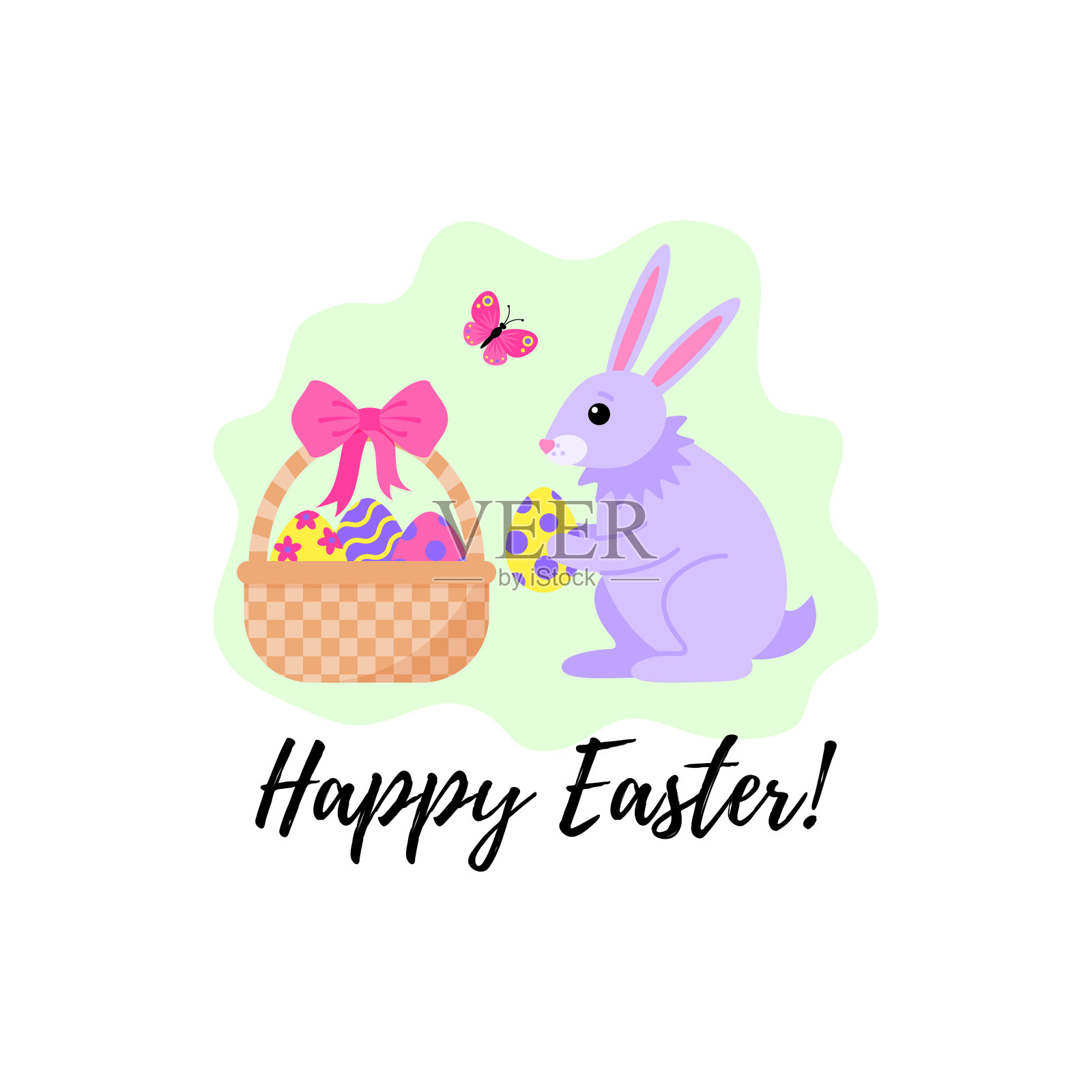 复活节卡片上有一只兔子和一个篮子里有鸡蛋。矢量插图。插画图片素材