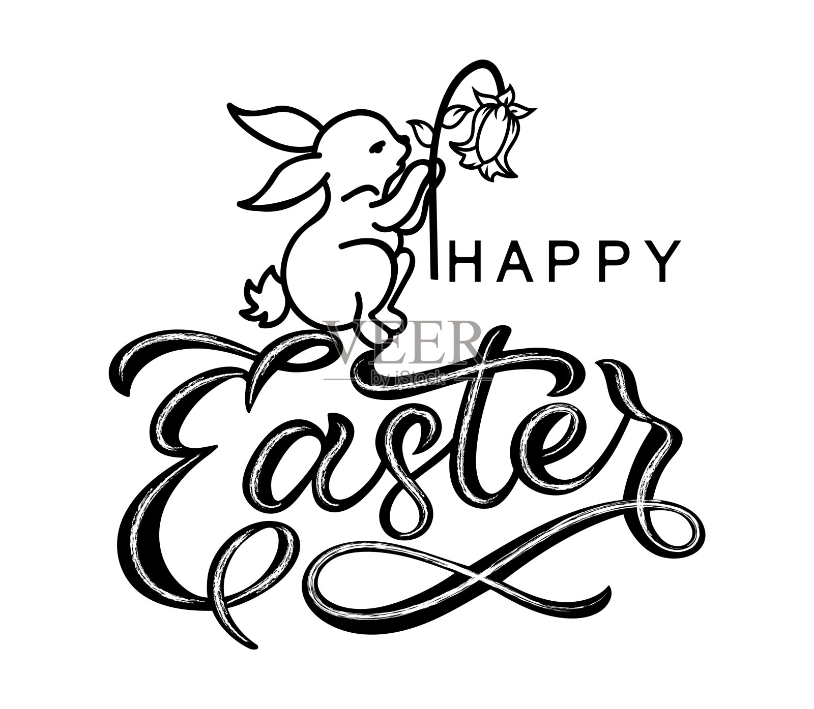 手绘复活节快乐印刷字体海报。兔子和花的现代书法。标志孤立在白色背景。矢量插图。插画图片素材
