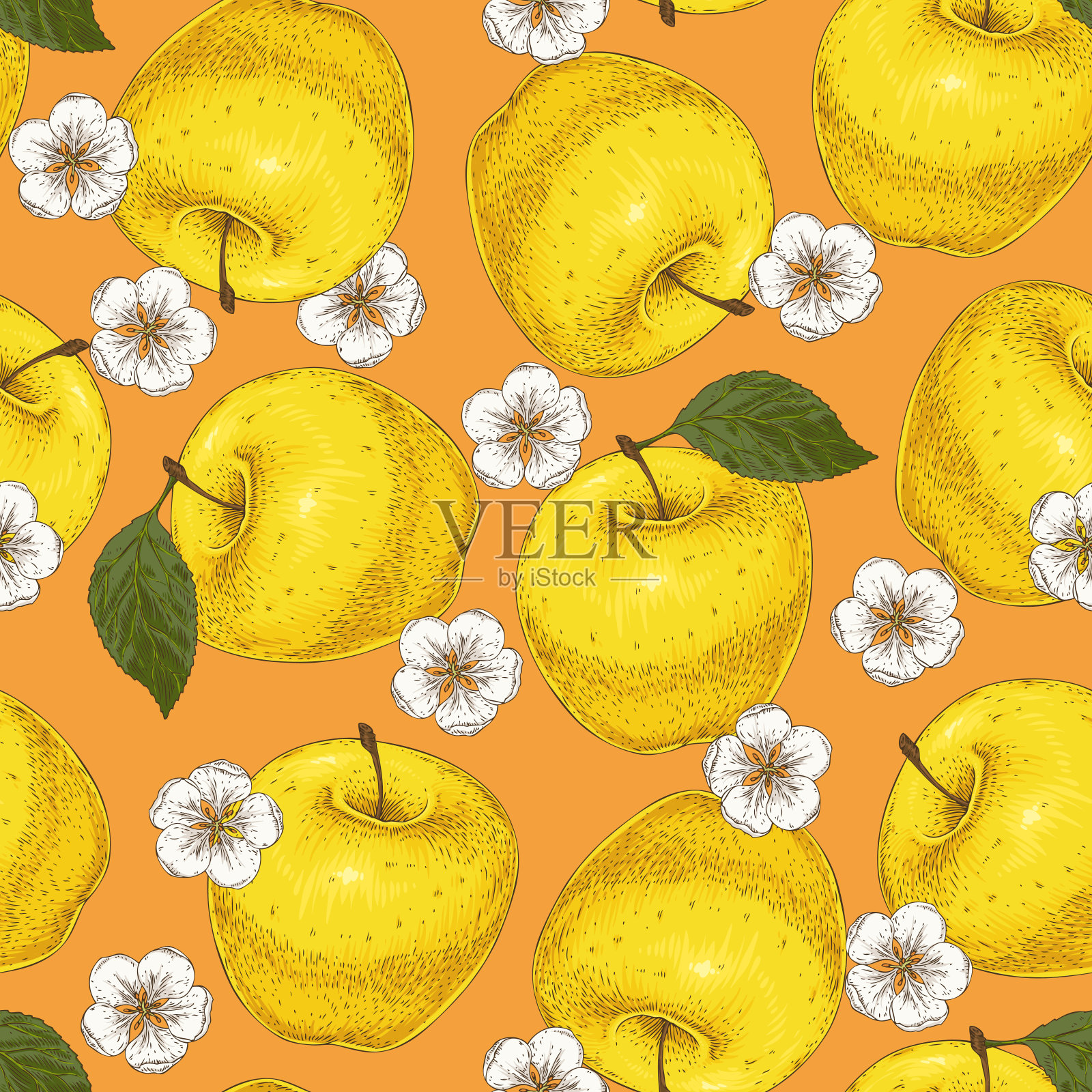 黄色无缝图案与苹果和花插画图片素材