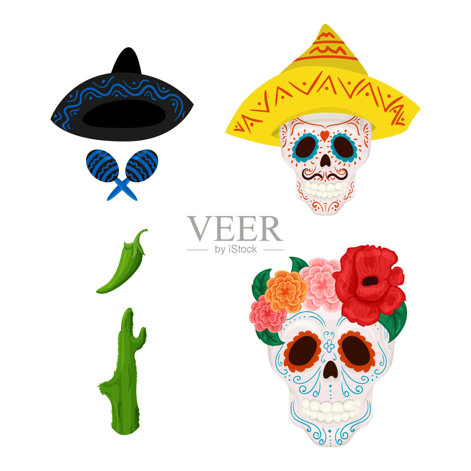 墨西哥糖头骨的插图和物体为五月节插画图片素材