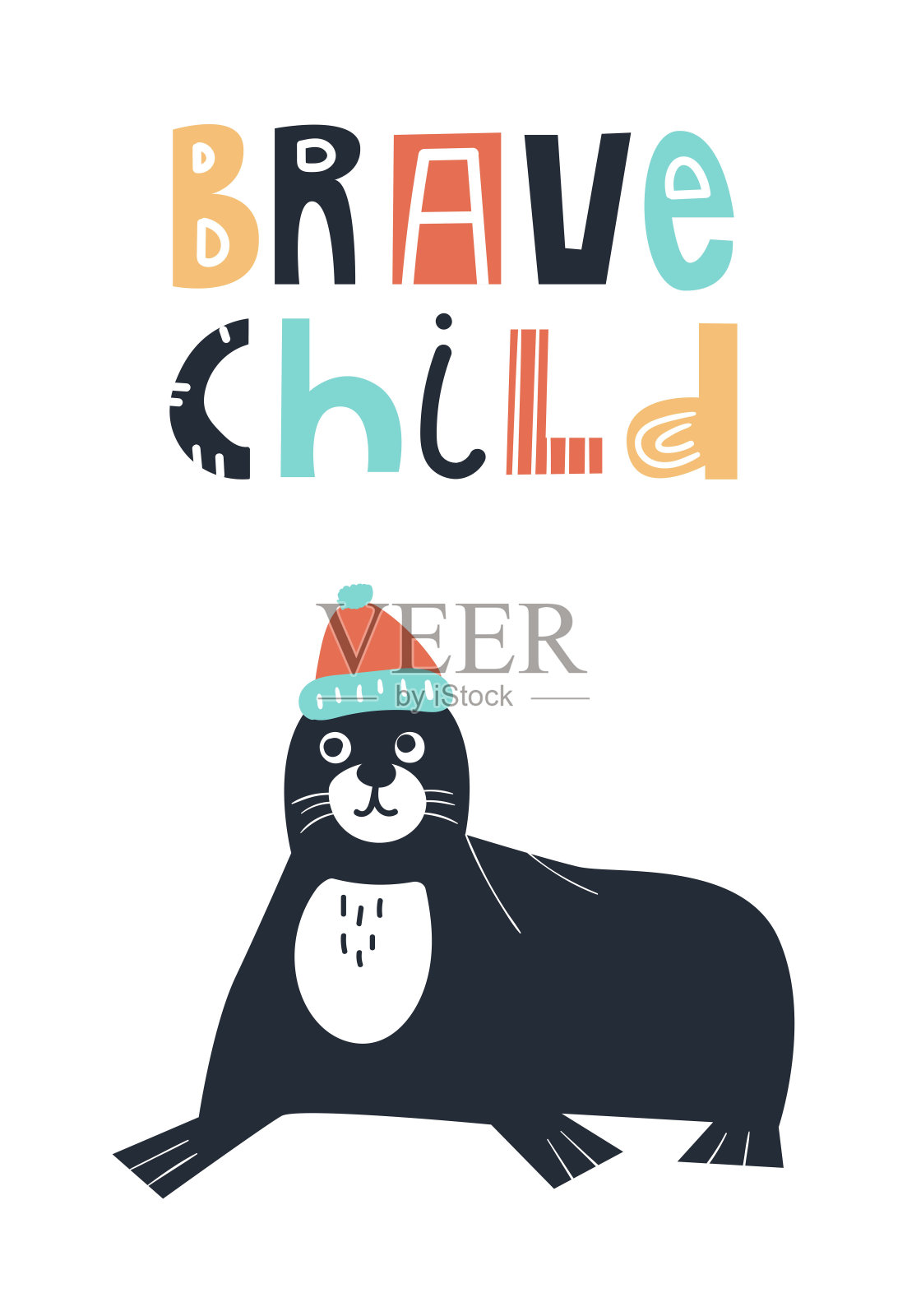 勇敢的孩子-可爱和有趣的孩子手绘幼儿园海报与海豹动物和字母。彩色矢量插图。插画图片素材