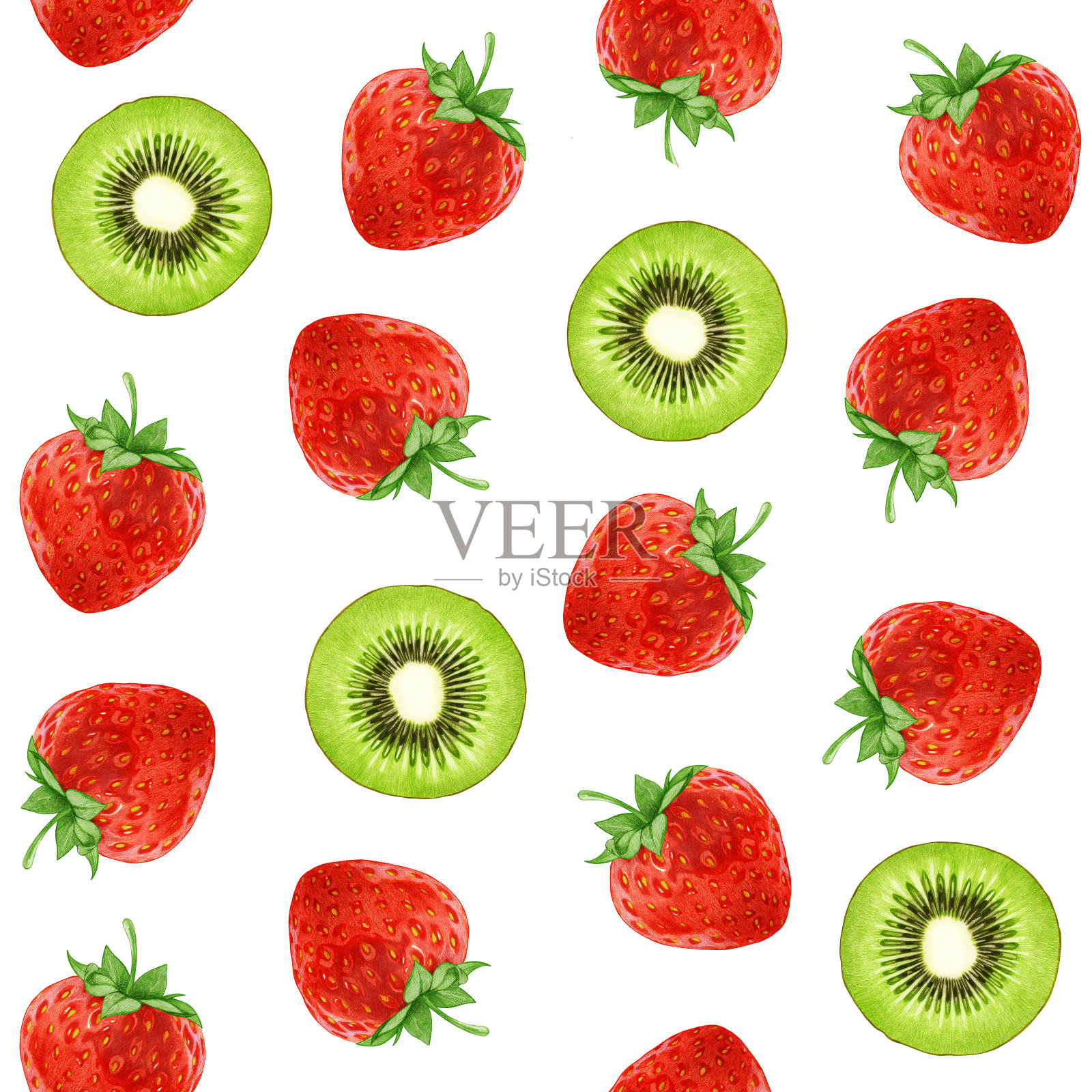 无缝图案手绘猕猴桃和草莓。数字彩色。插画图片素材