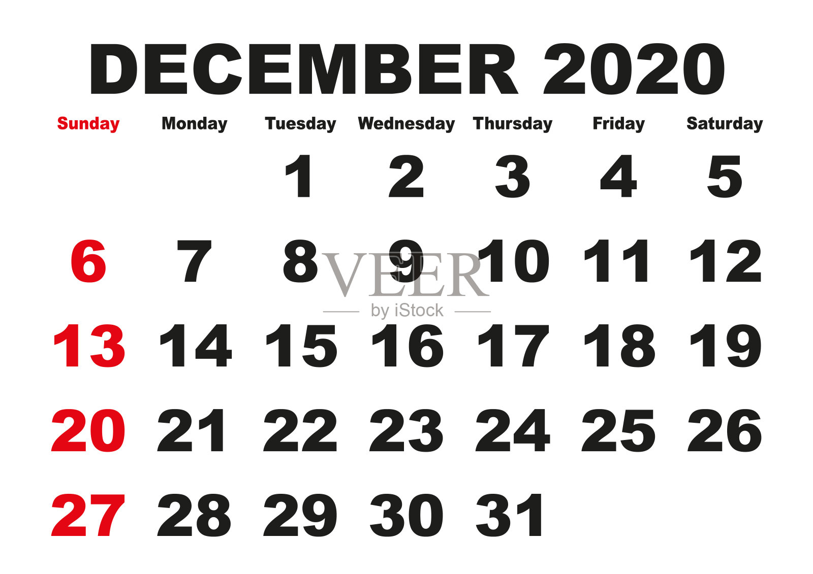 十二月月历2020英语美国设计模板素材