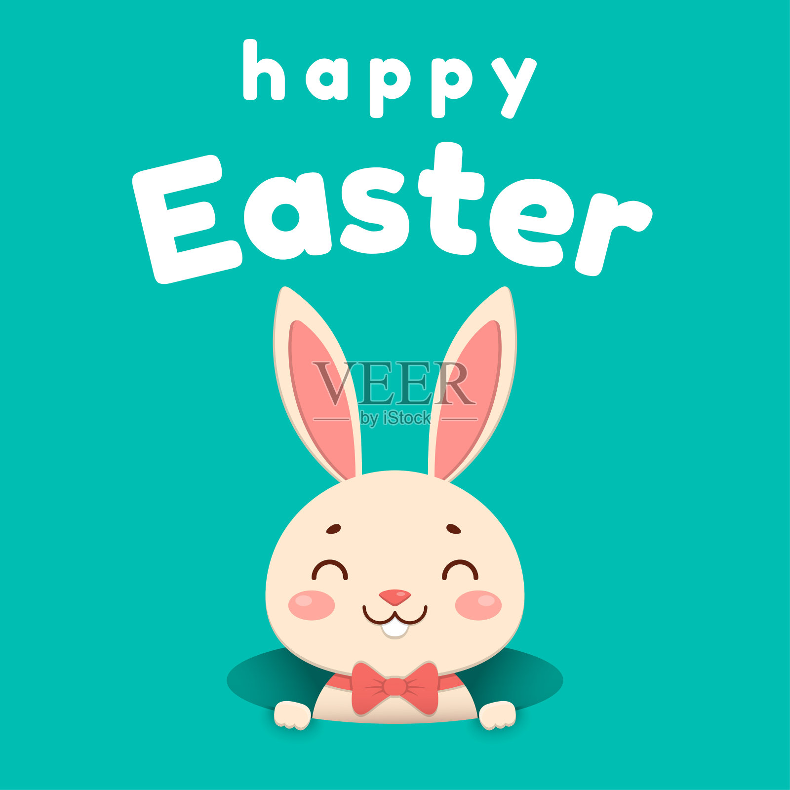 一只可爱的卡通兔子戴着红色的领结从洞里往外看，微笑着。孤立在绿松石背景上。插画图片素材