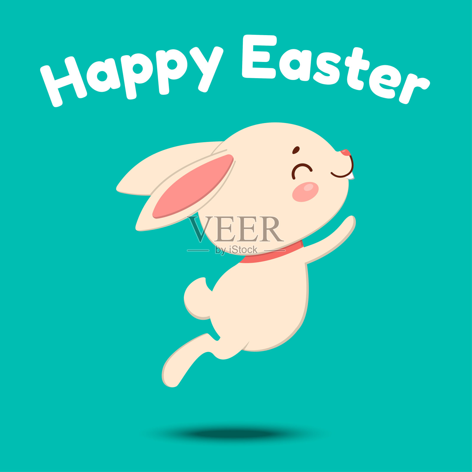 一只可爱的卡通兔子戴着红色的领结，蹦蹦跳跳地笑着。孤立在绿松石背景上插画图片素材
