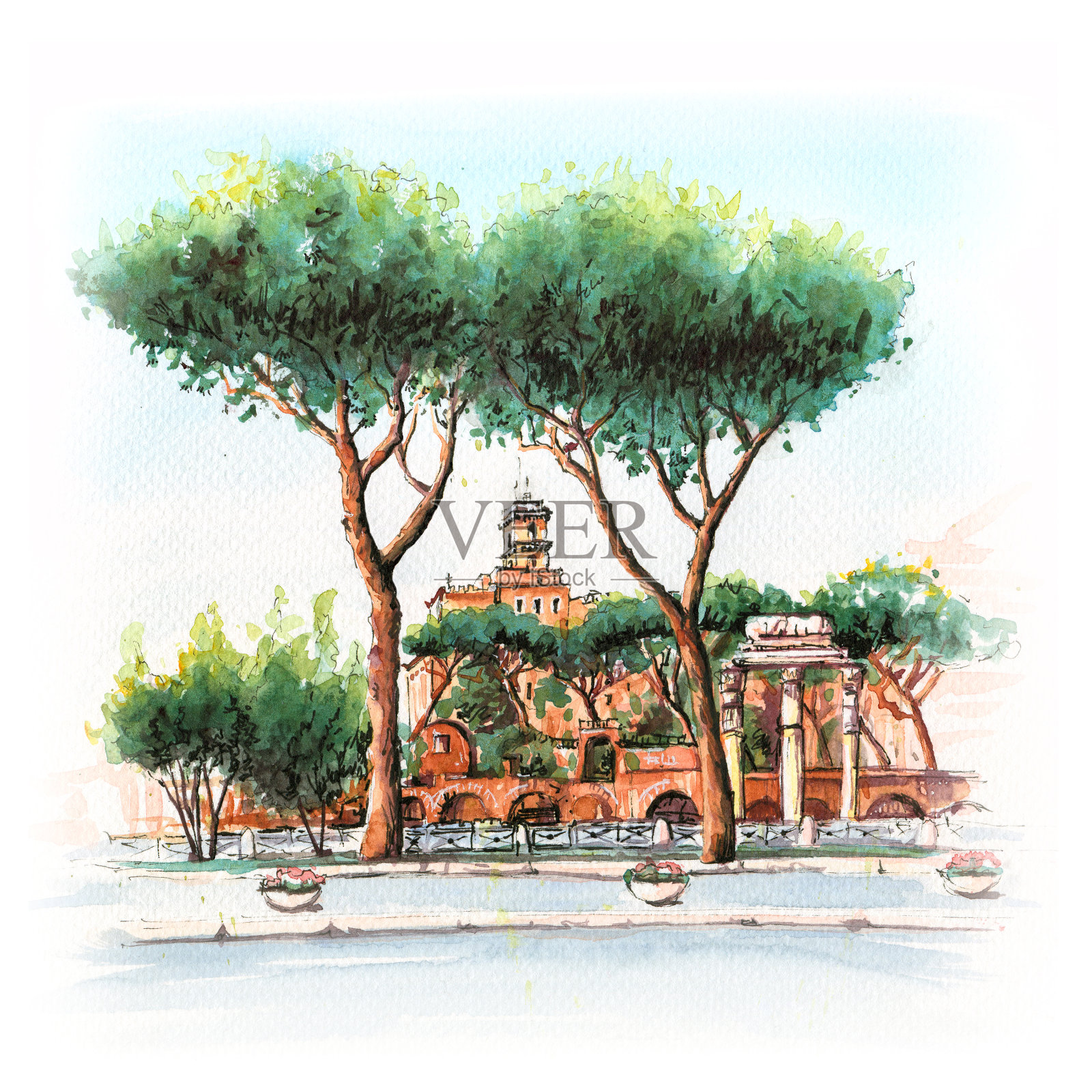 风景优美的罗马城市，意大利插画图片素材