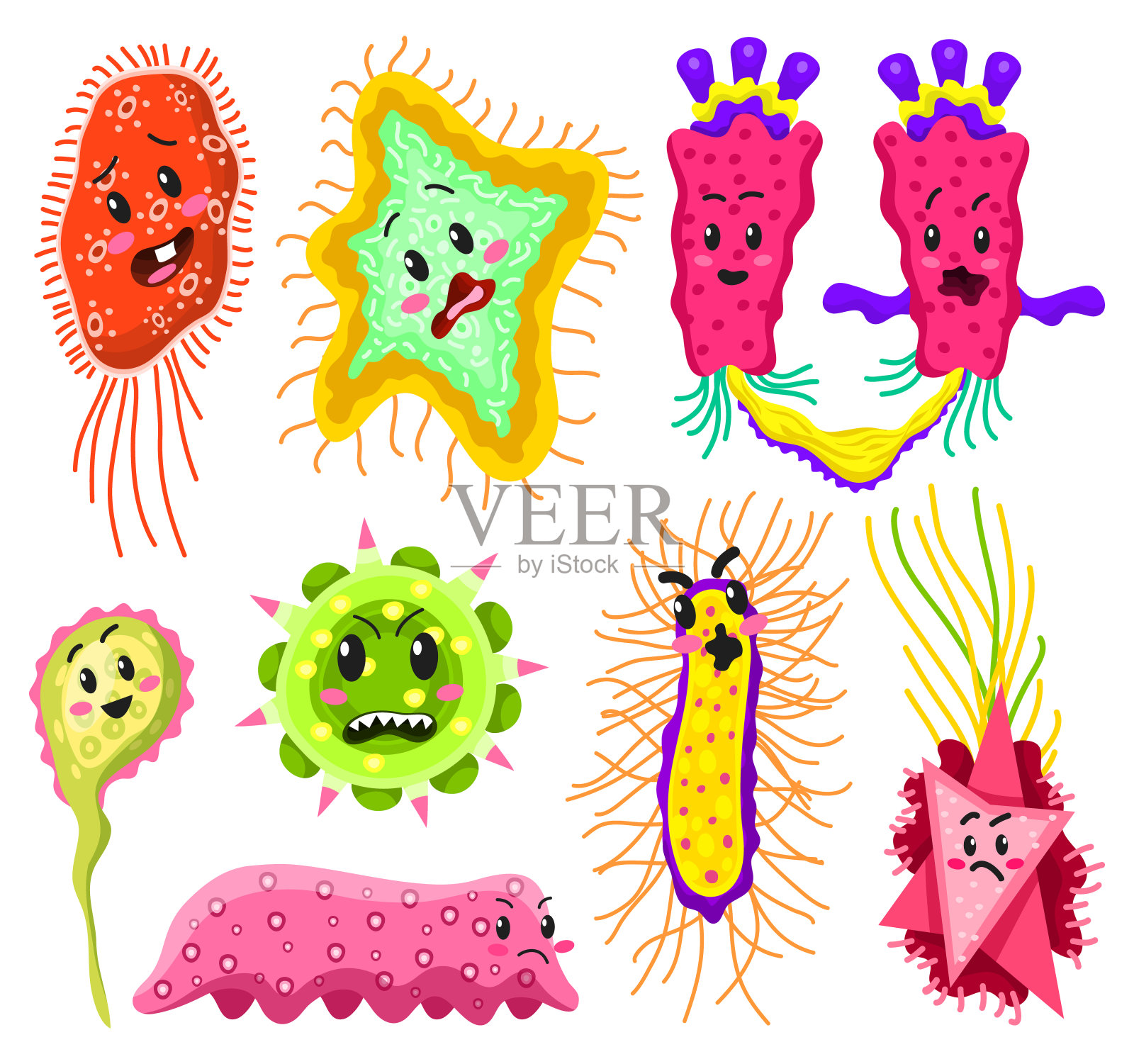 一组细菌特征。卡通可爱的细菌病毒有趣的感染。有趣的坏情绪微微生物。色怪、病原体或寄生虫。插画图片素材