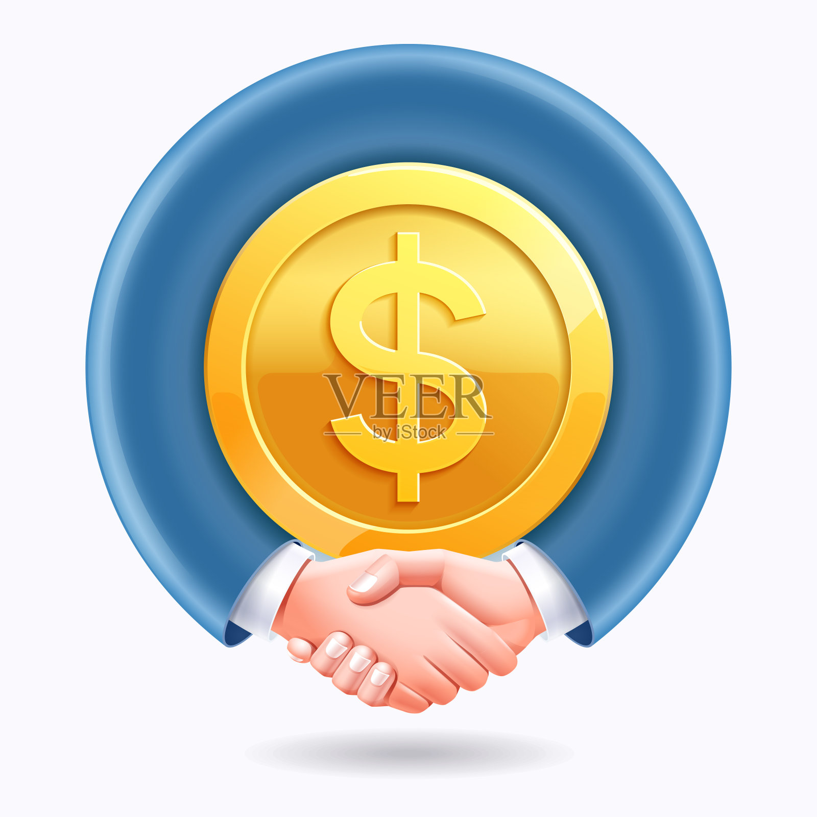 商业伙伴概念设计。商人们握手的背景是美元金币。插画图片素材