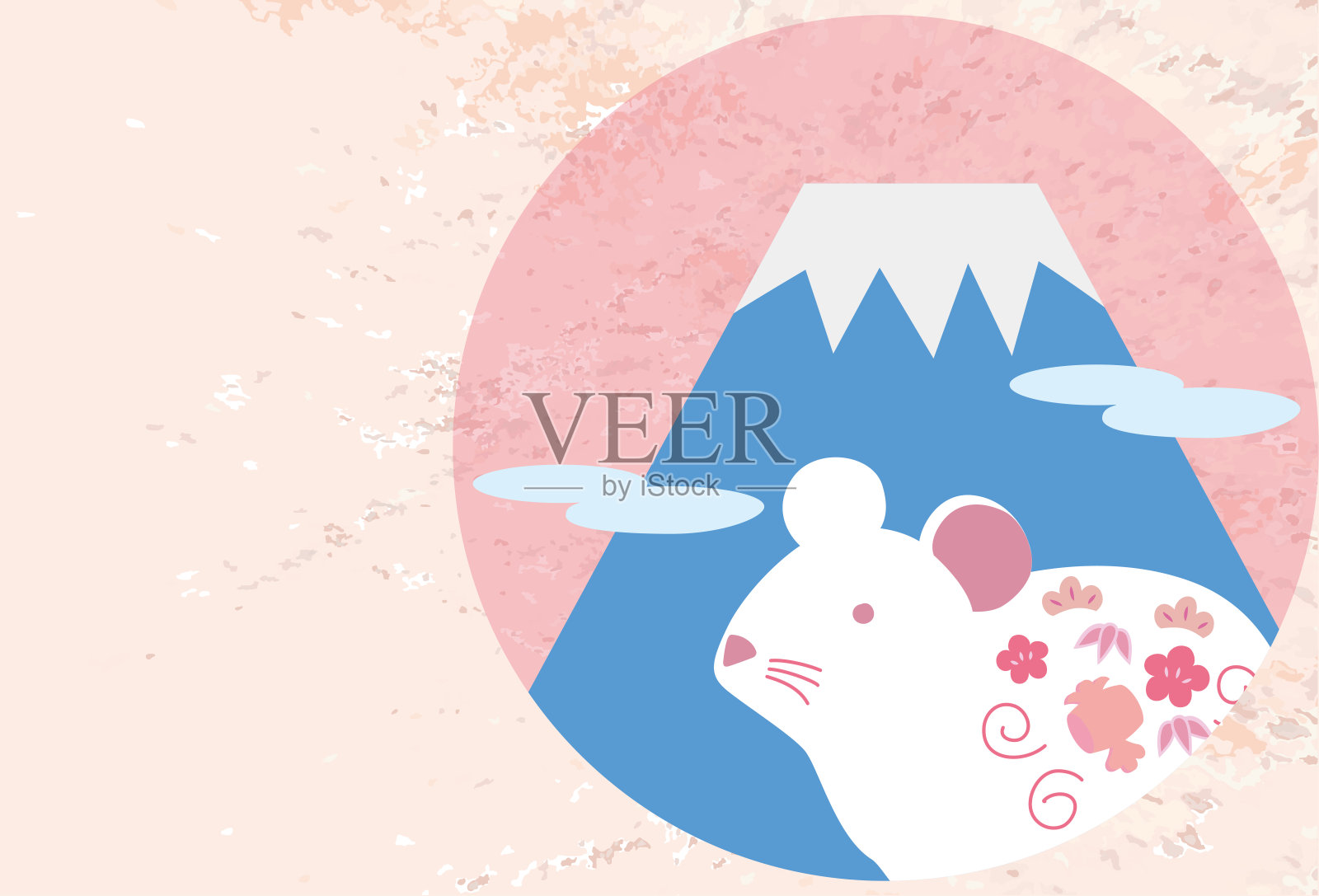富士山和小白鼠的贺年卡插图。插画图片素材