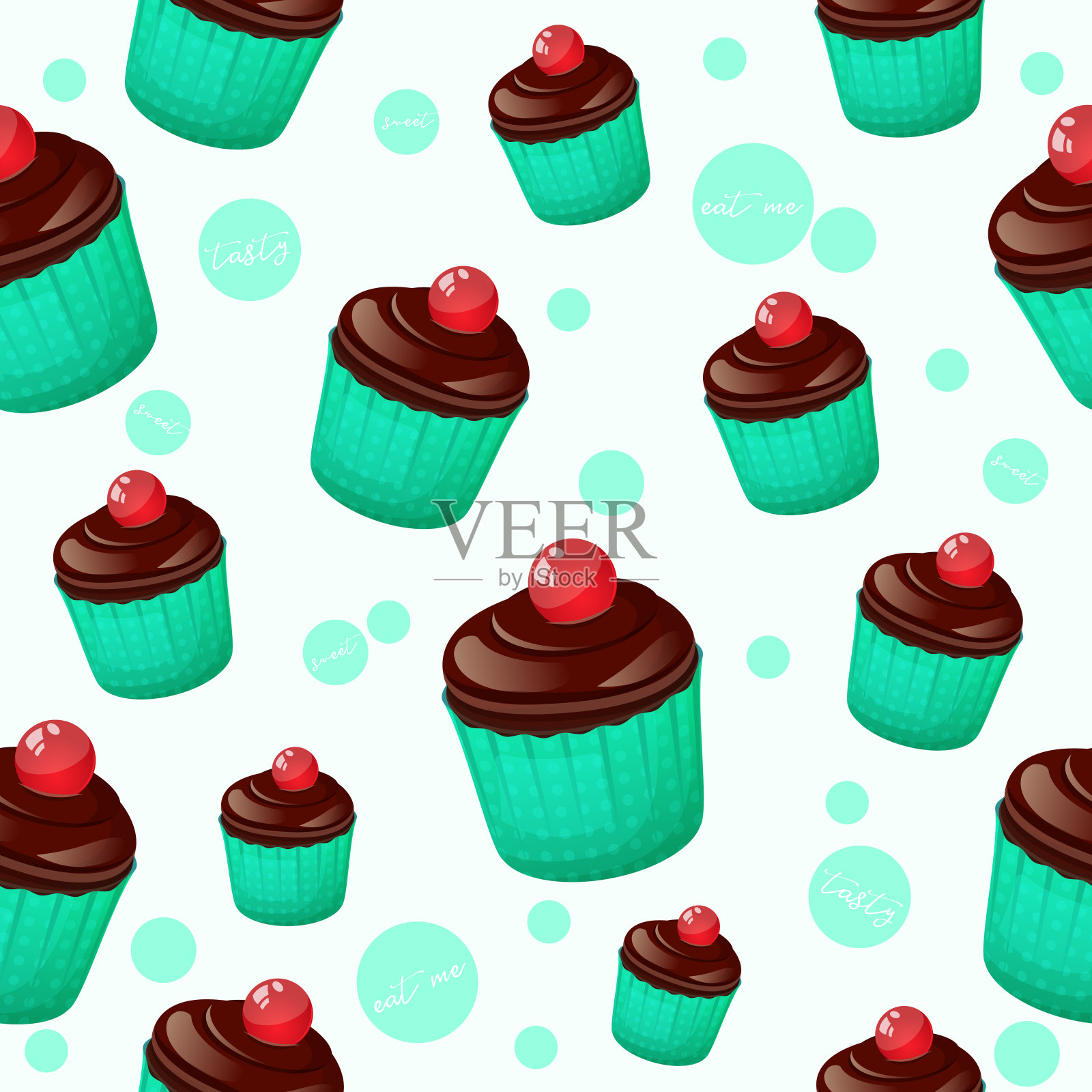 彩色无缝图案美味的巧克力杯蛋糕和果冻球在卡通风格。矢量插图。甜点的收藏。插画图片素材