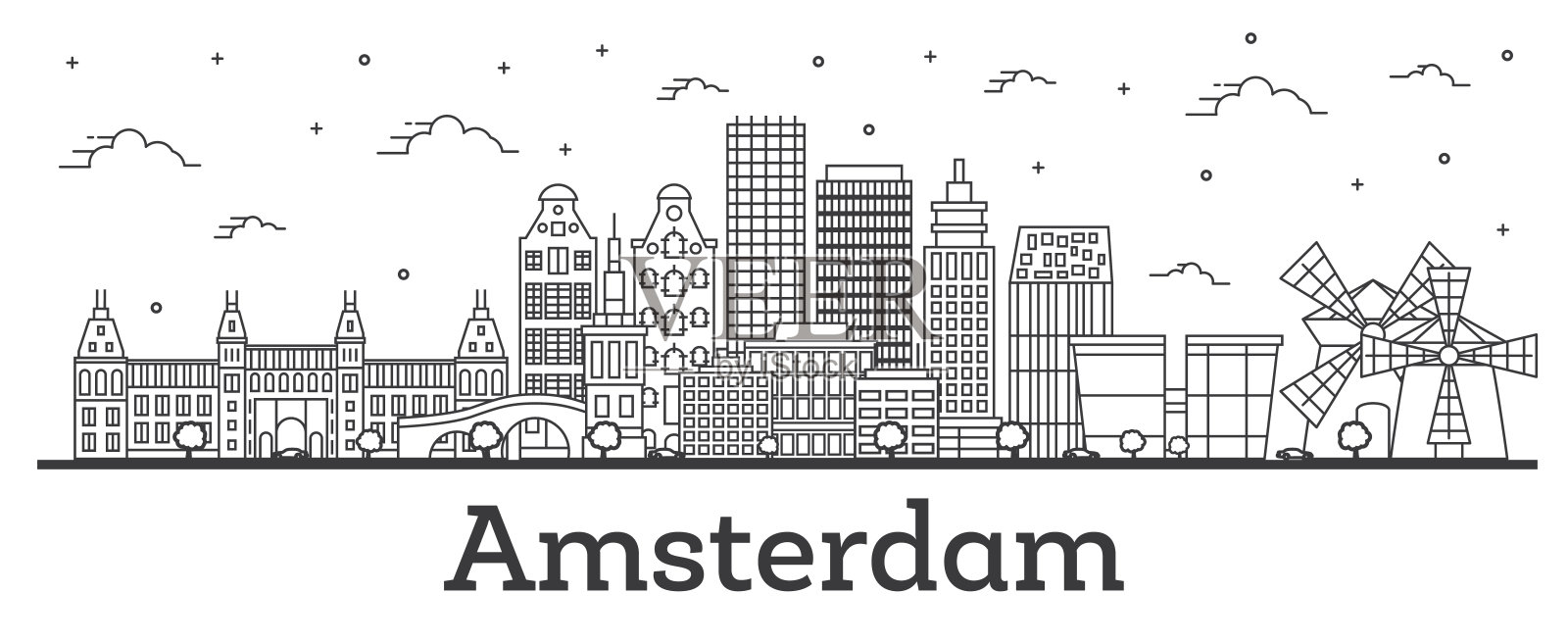 荷兰阿姆斯特丹城市轮廓线与历史建筑隔离在白色。插画图片素材