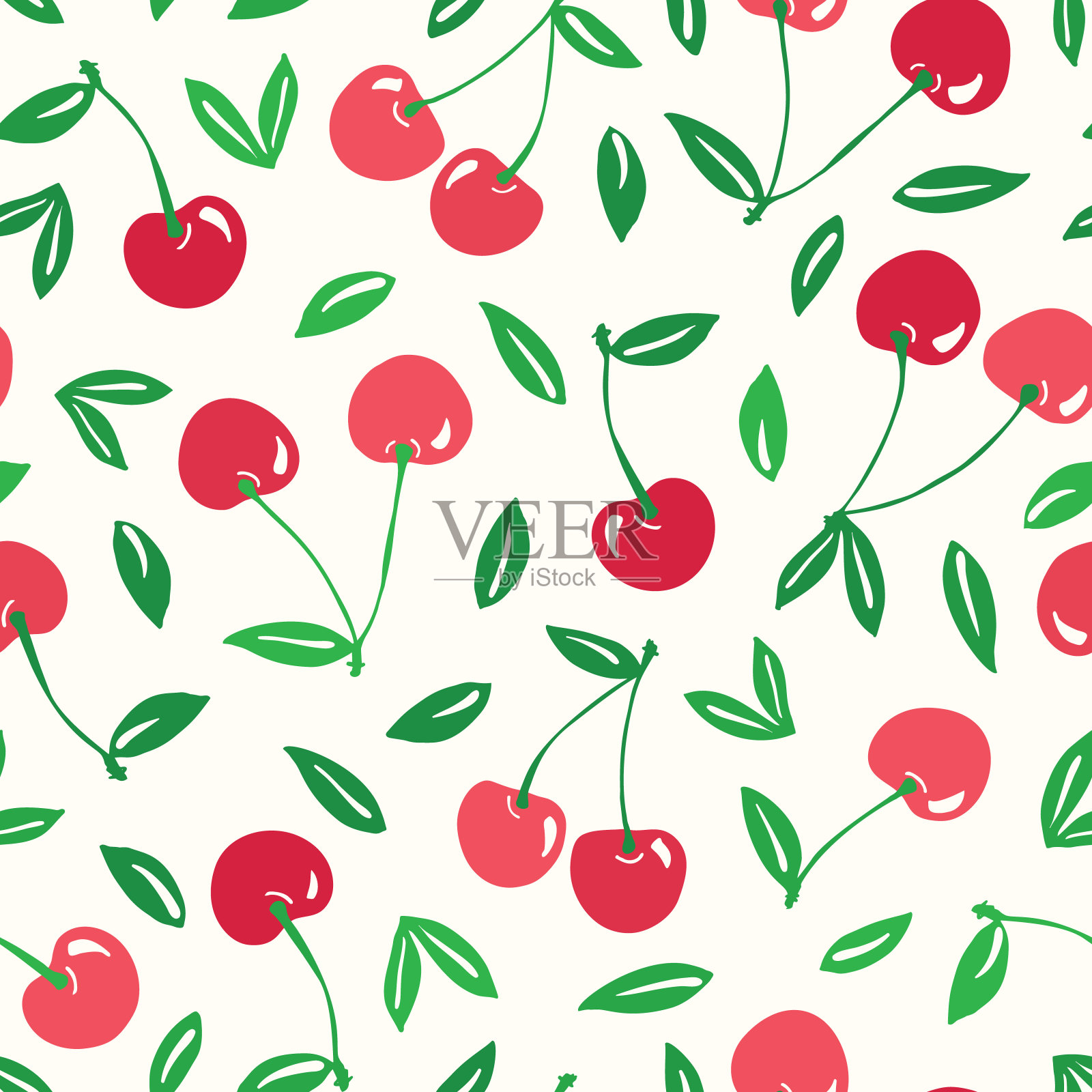 异想天开的手绘红樱桃矢量无缝图案背景。五彩缤纷的夏日水果插画图片素材