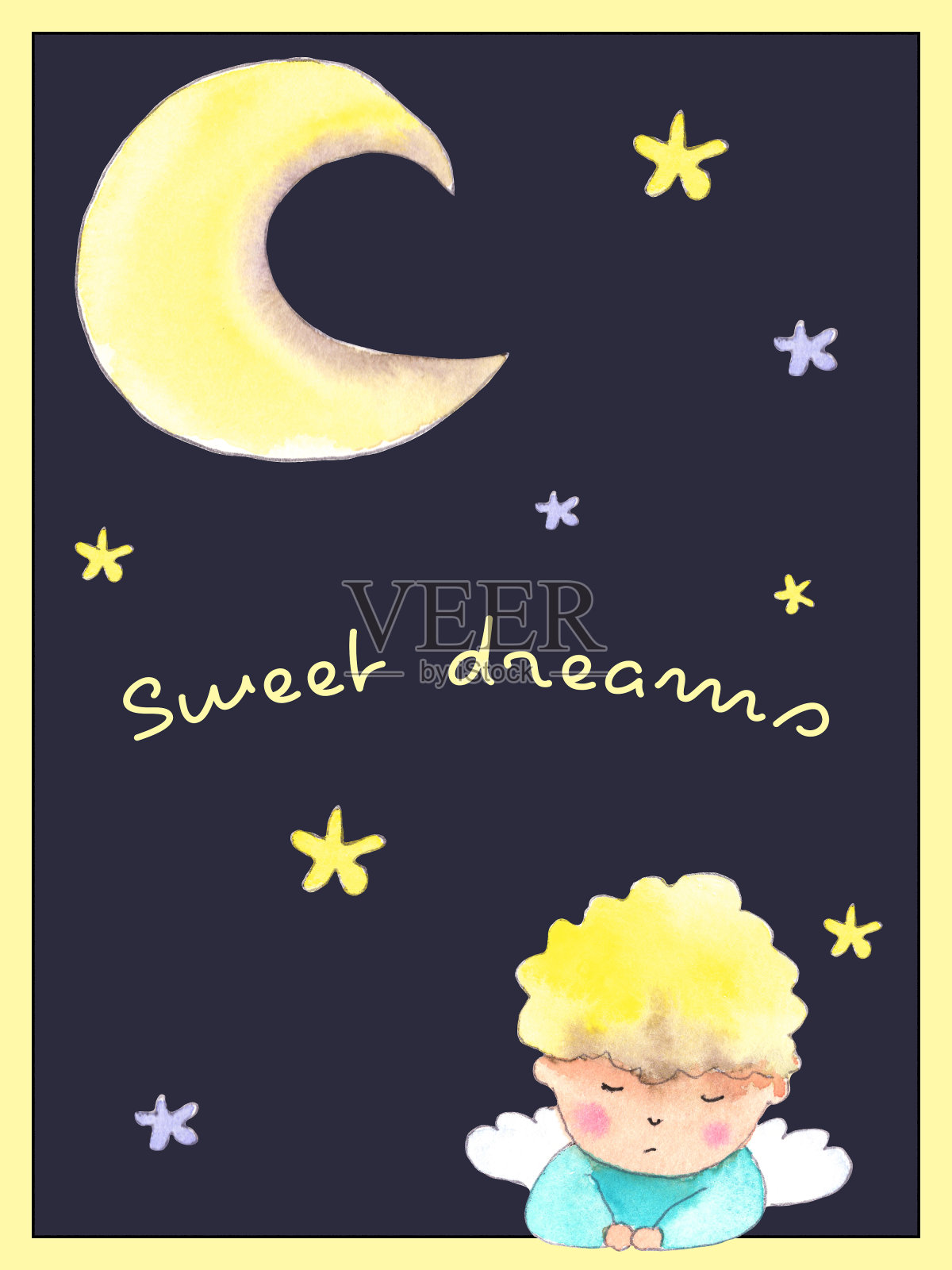 可爱的天使男孩，月亮和星星插画图片素材