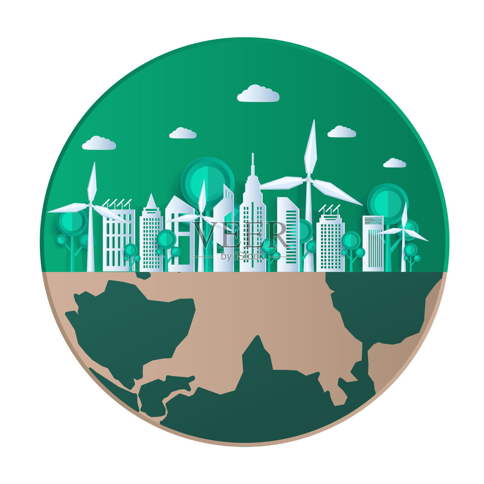 地球日剪纸风格。生态友好，绿色城市自然和可再生能源的概念。插画图片素材