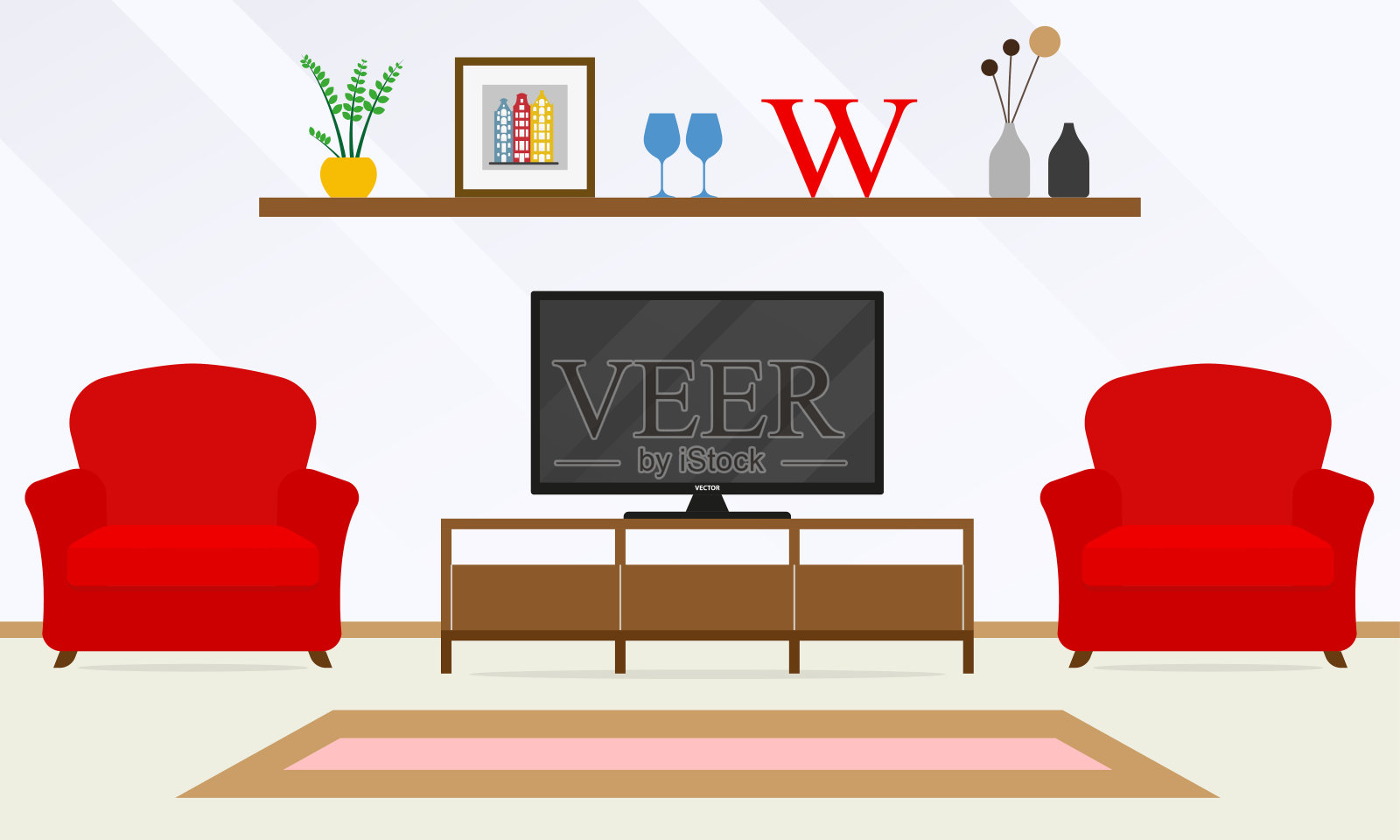 室内有电视和红色扶手椅。现代客厅设计模板在扁平风格。矢量插图。插画图片素材