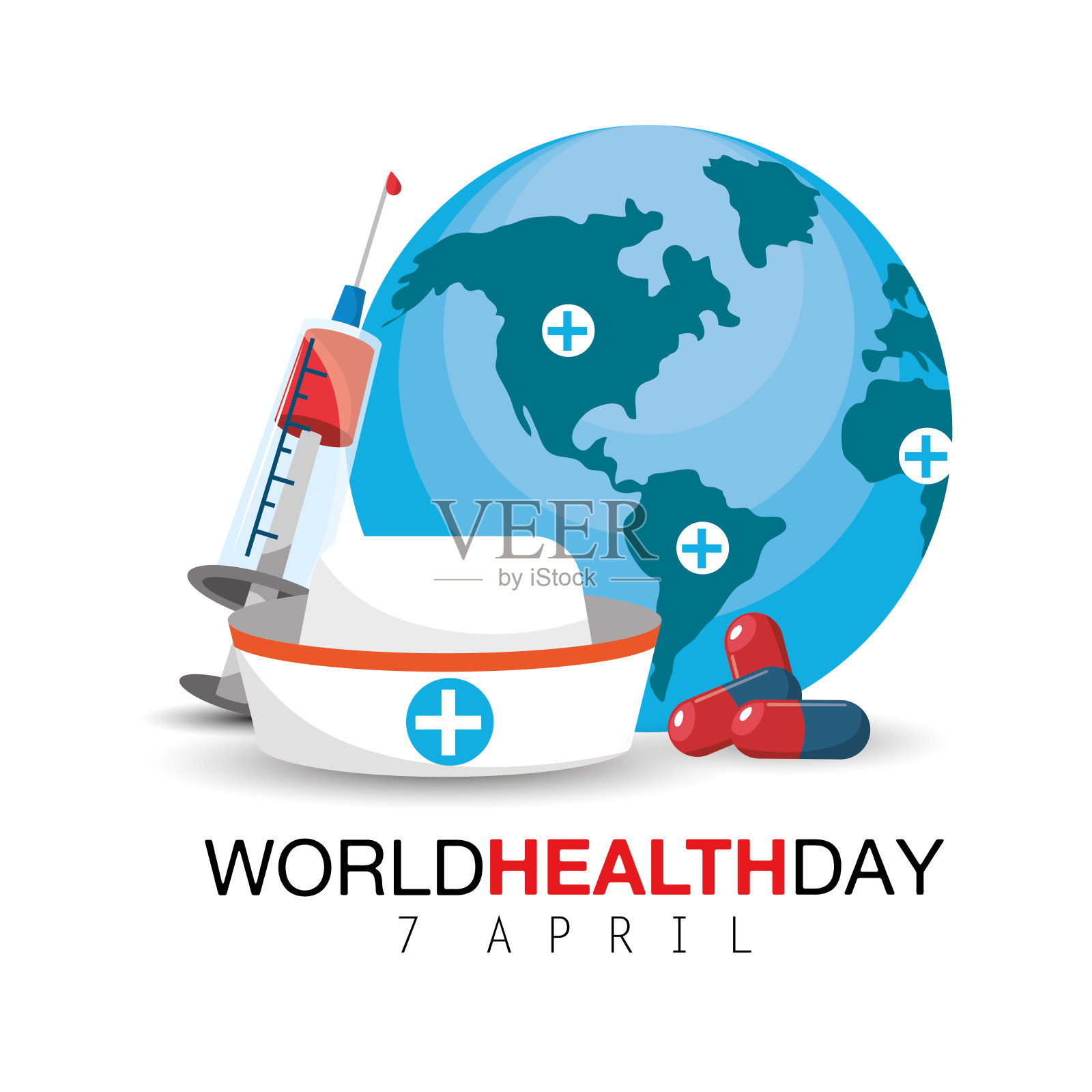 护士帽和注射器至世界卫生日插画图片素材