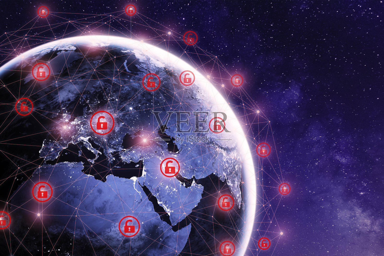 全球网络攻击世界各地与行星地球从太空和互联网网络通信受到网络攻击与红色图标，全球传播的病毒在线照片摄影图片