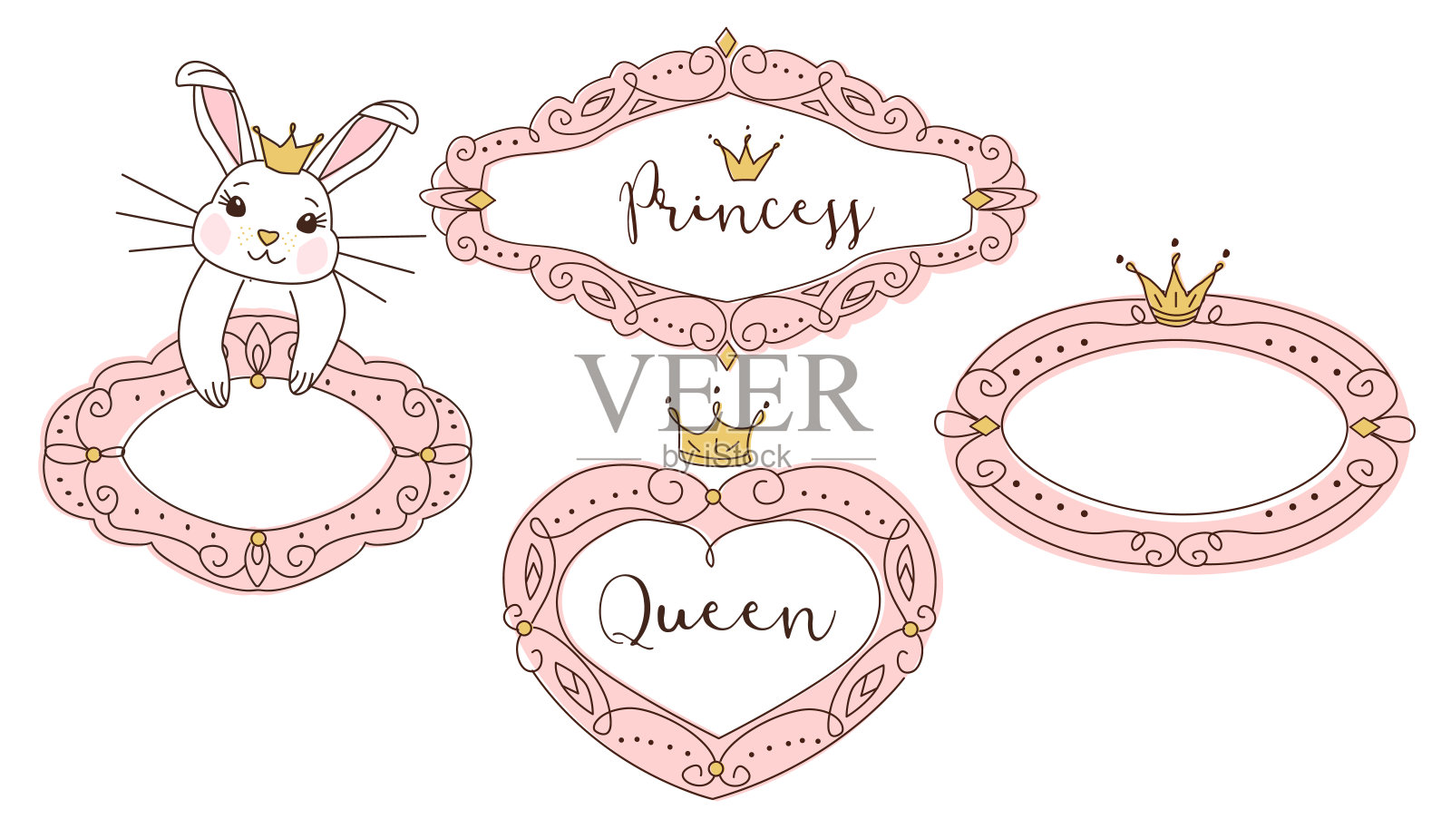 一组可爱的涂鸦镜子。公主向量元素的设计。粉色镜框配皇冠，皇冠。手绘草图。插画图片素材