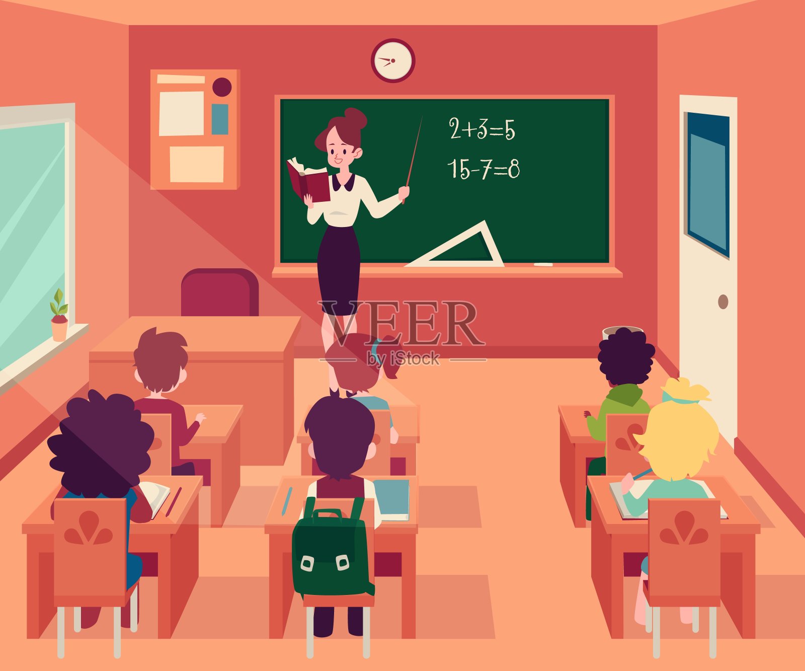 在教室里，女人站在黑板前，孩子们坐在卡通风格的课桌前插画图片素材