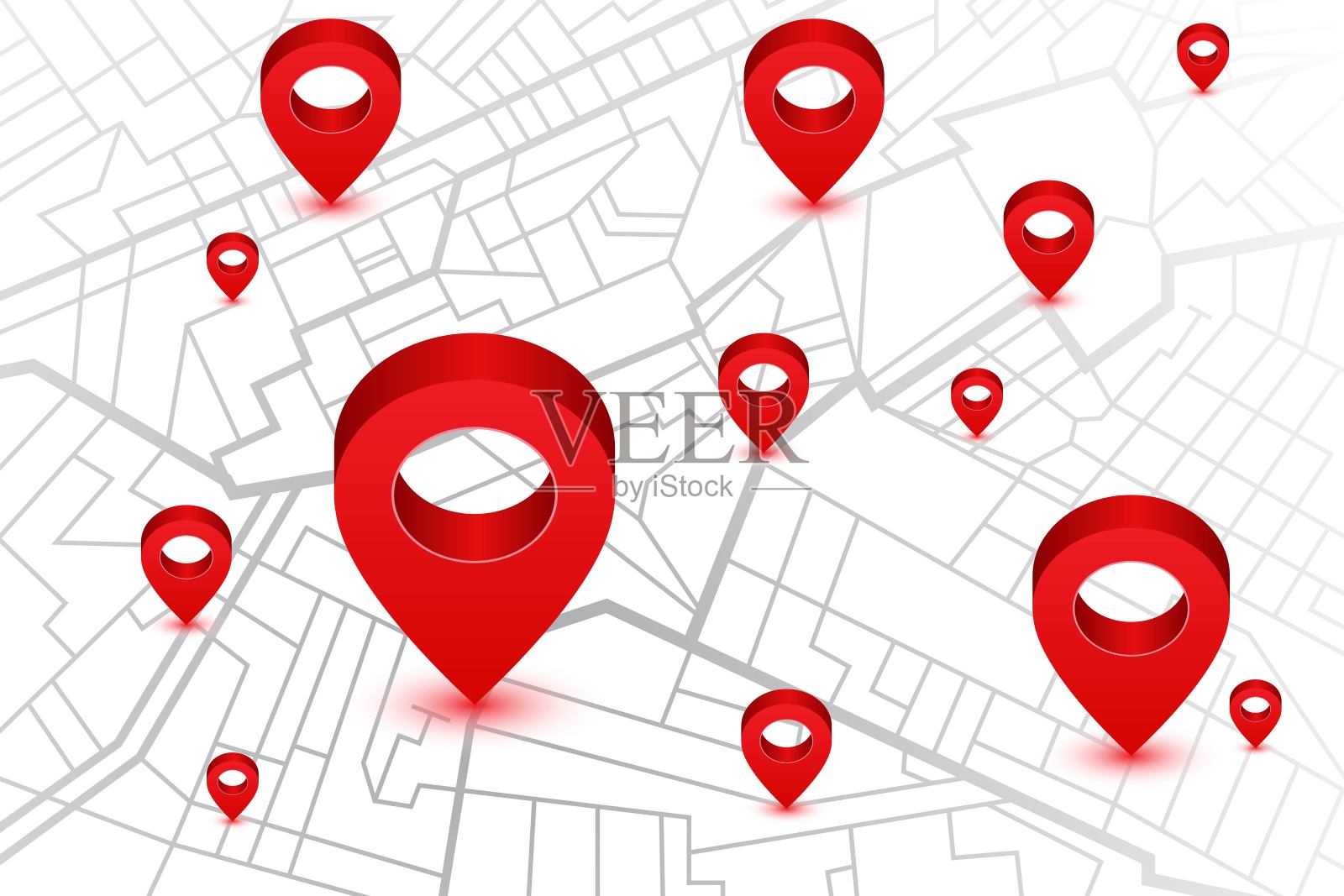 红色大头针显示gps导航地图上的位置。矢量图插画图片素材
