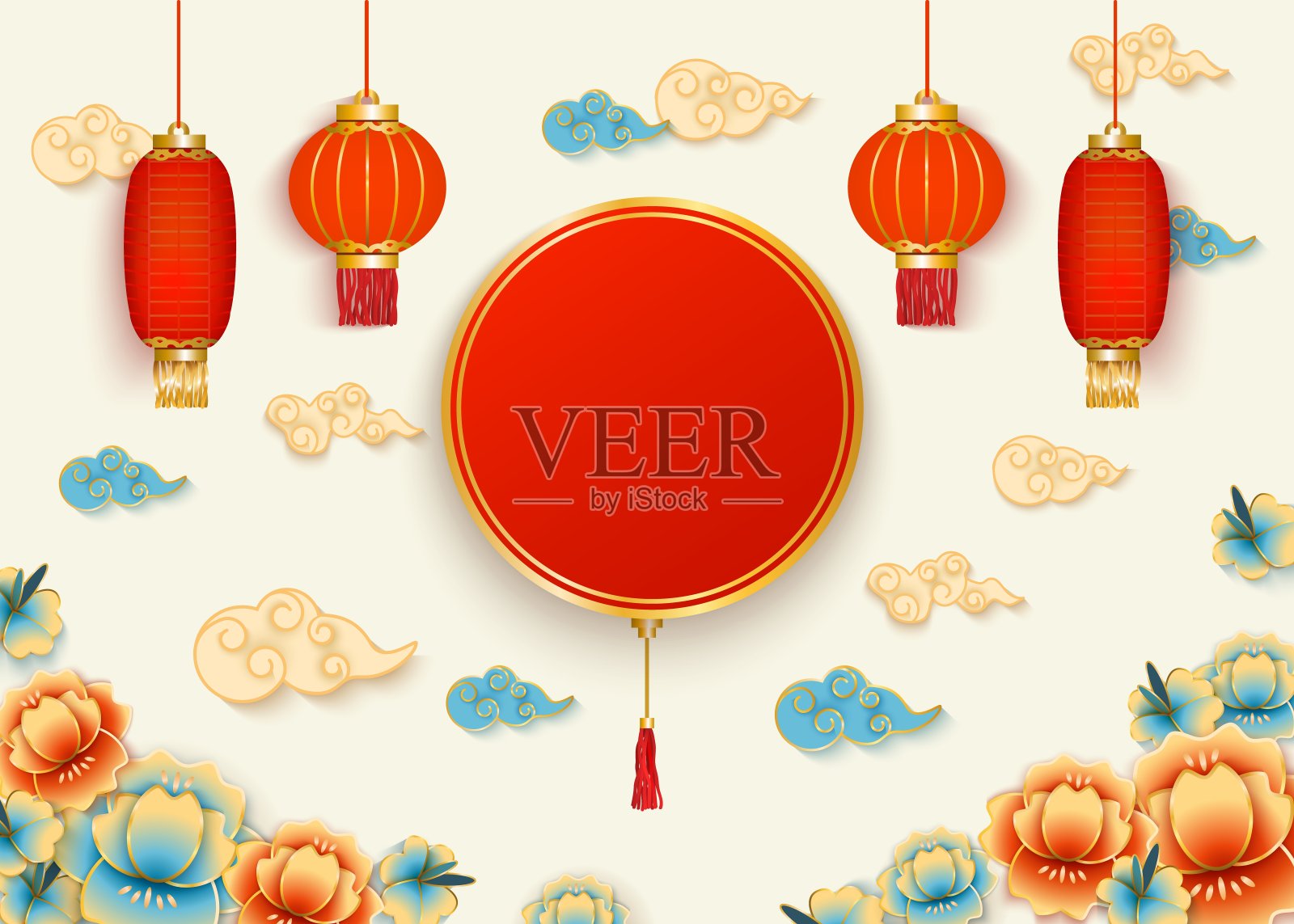 模板有圆和中国的灯笼和云花写实风格插画图片素材