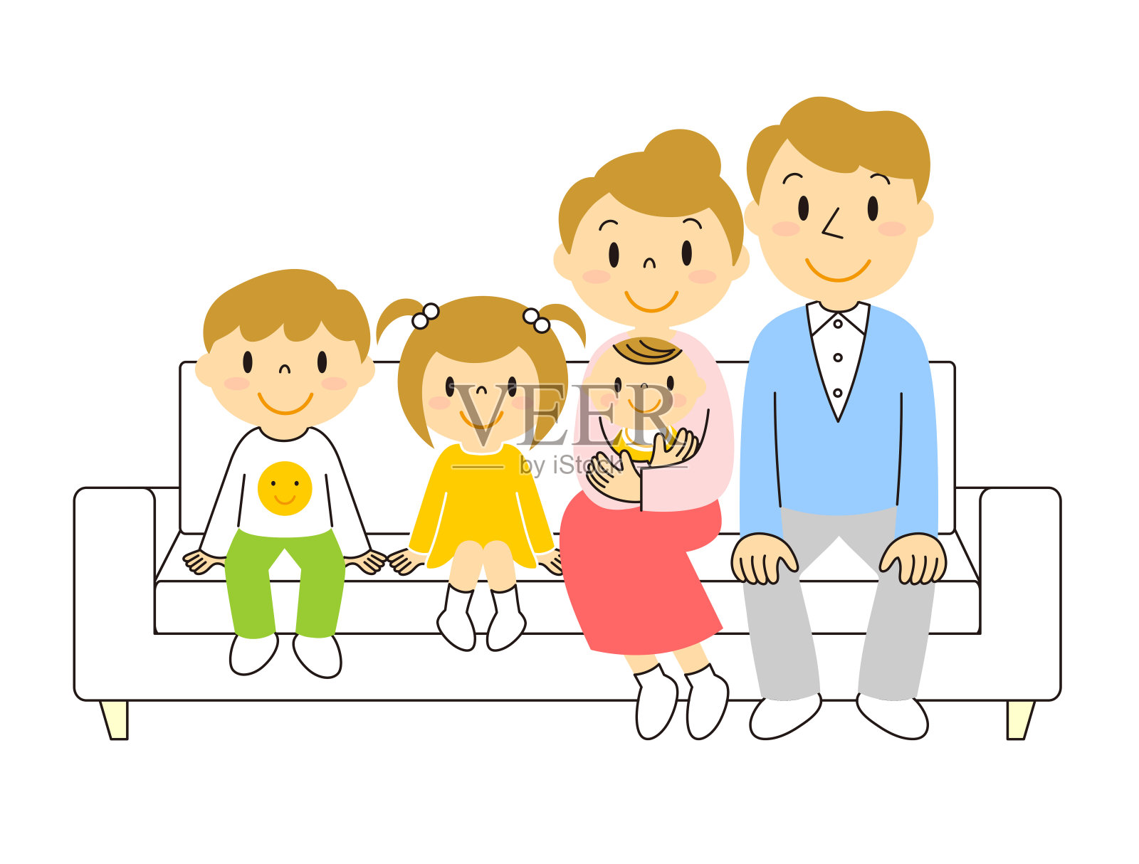 一张五口之家坐在客厅沙发上的插图插画图片素材