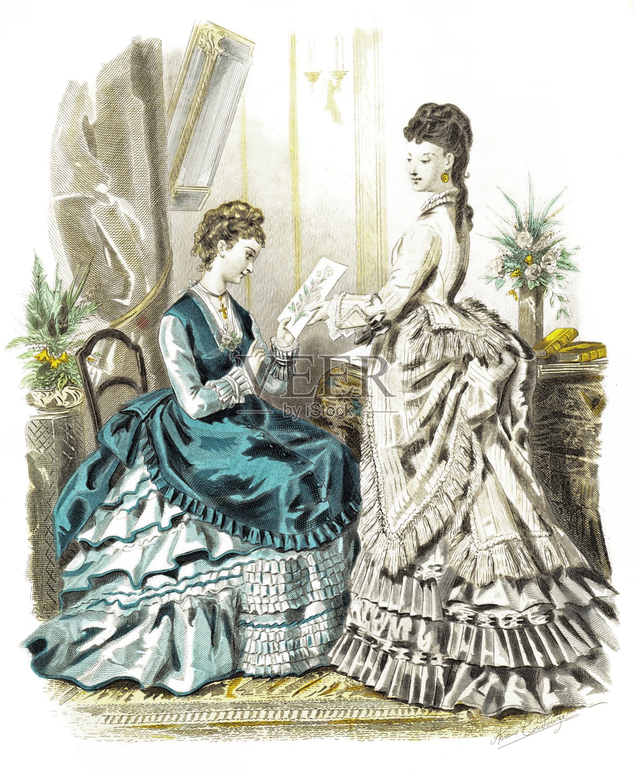 灰蓝色罗缎连衣裙，浅灰色淡紫色裙子。优雅时尚1874插画图片素材