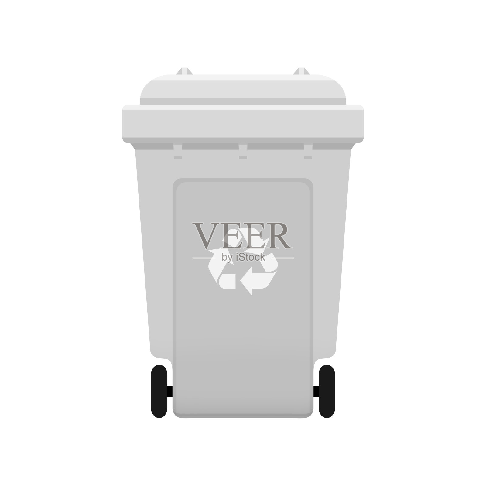 回收箱，白色背景上的回收塑料灰色轮状回收箱，白色带回收标志的回收箱，回收箱前视图为灰色，表示垃圾设计元素图片