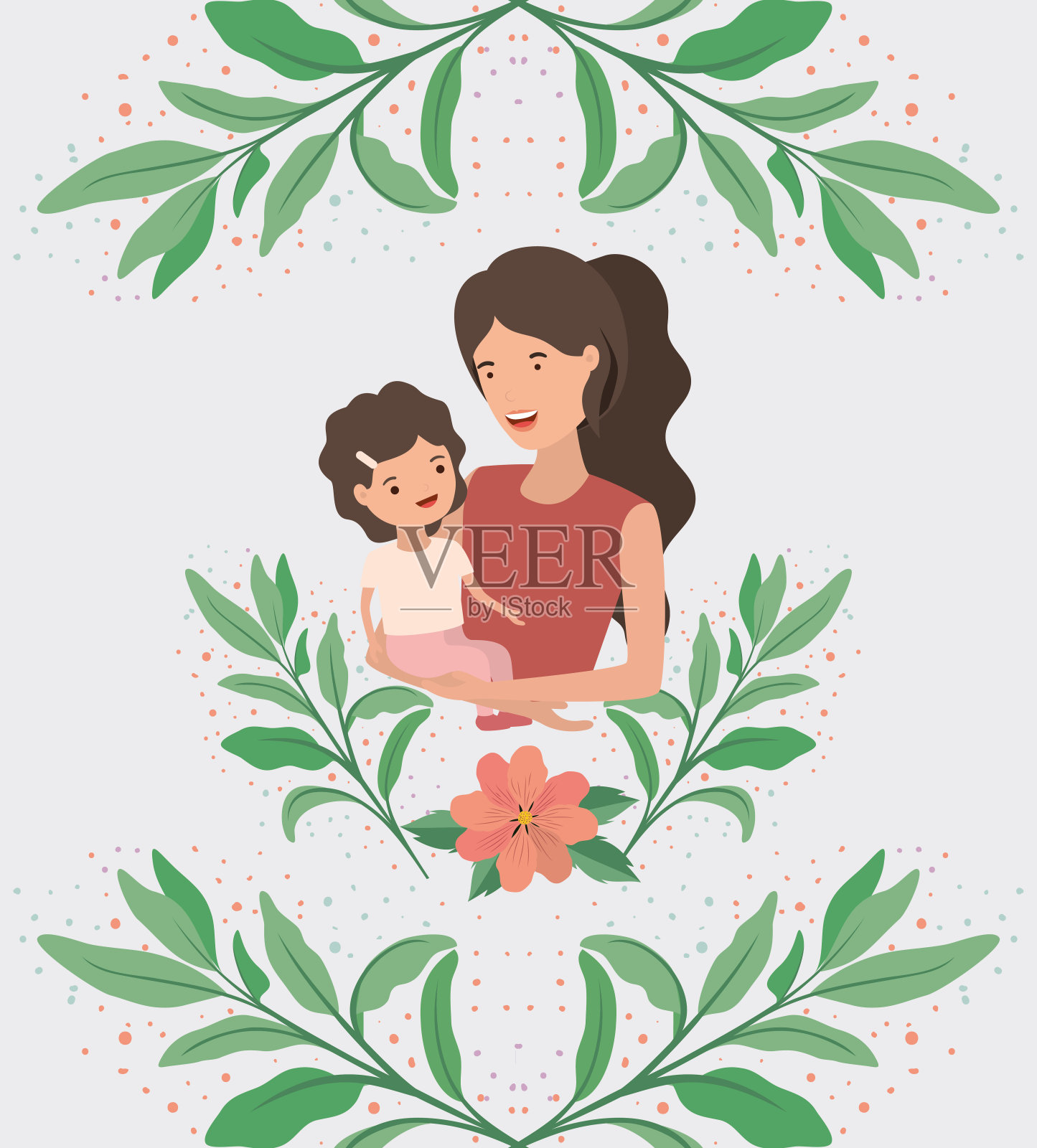 母亲节贺卡与母女叶冠插画图片素材