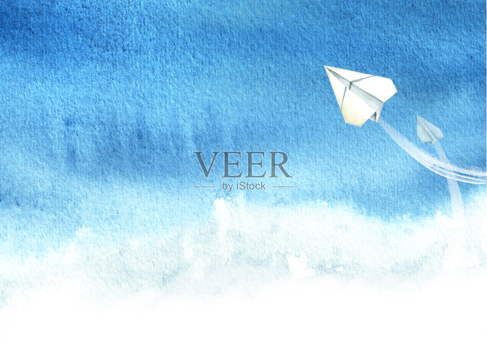 两个纸飞机在蓝天，旅游概念，水彩手绘插图孤立在白色的背景插画图片素材