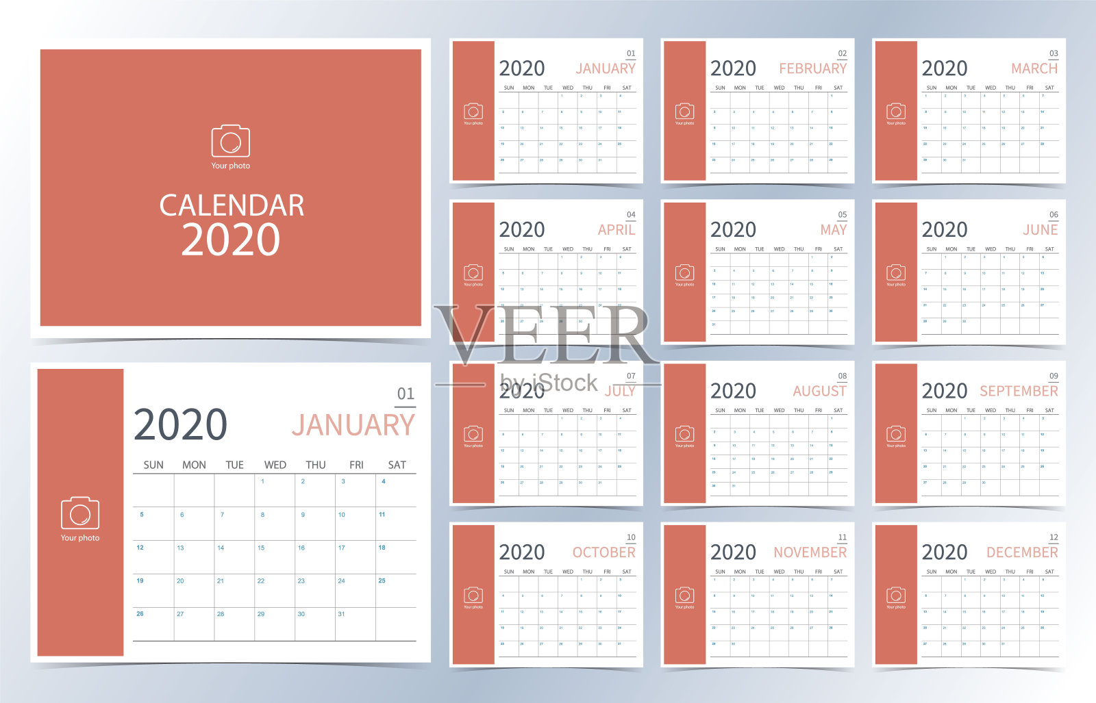 2020年商业日历。橙色月历可用于打印图形和网站设计模板素材