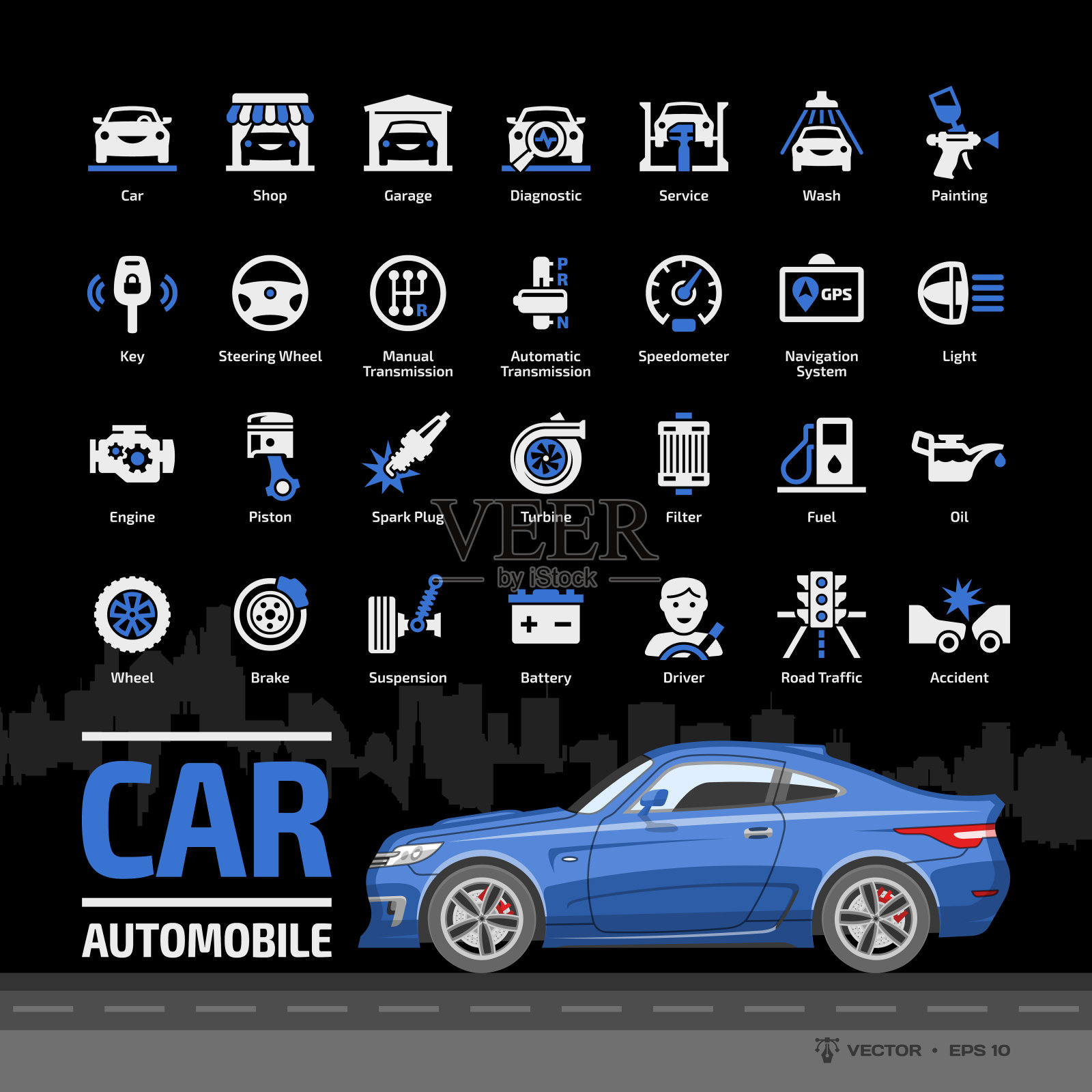 汽车图标设置在黑色背景与蓝色双门汽车模型和基本的汽车符号:汽车服务，清洗和商店，车库，汽车修理，车轮和轮胎，油和燃料和更多的符号。插画图片素材