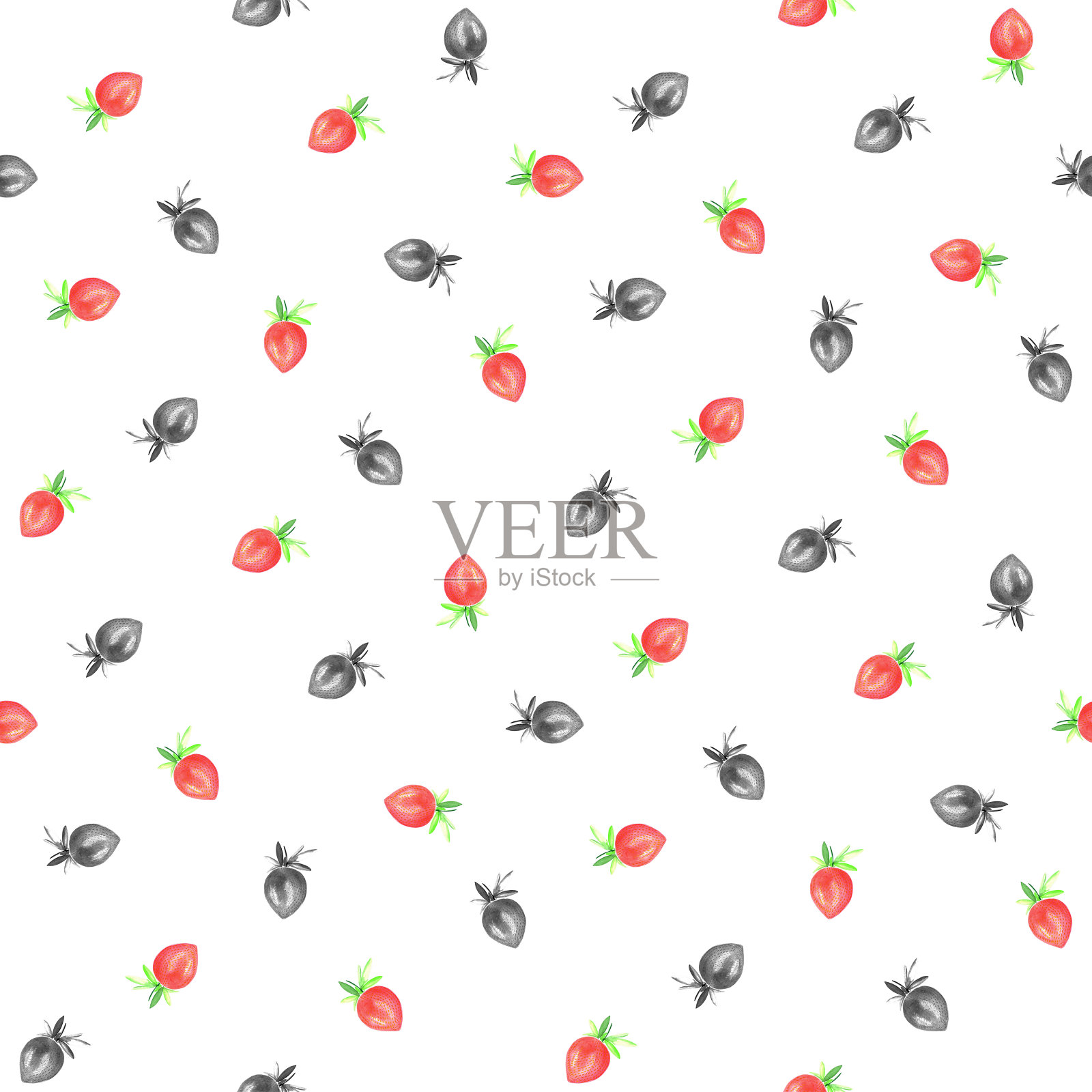 水彩无缝图案的新鲜红草莓与黑白混合在白色的背景。用于纺织、织物和包装纸上的印花图案插画图片素材