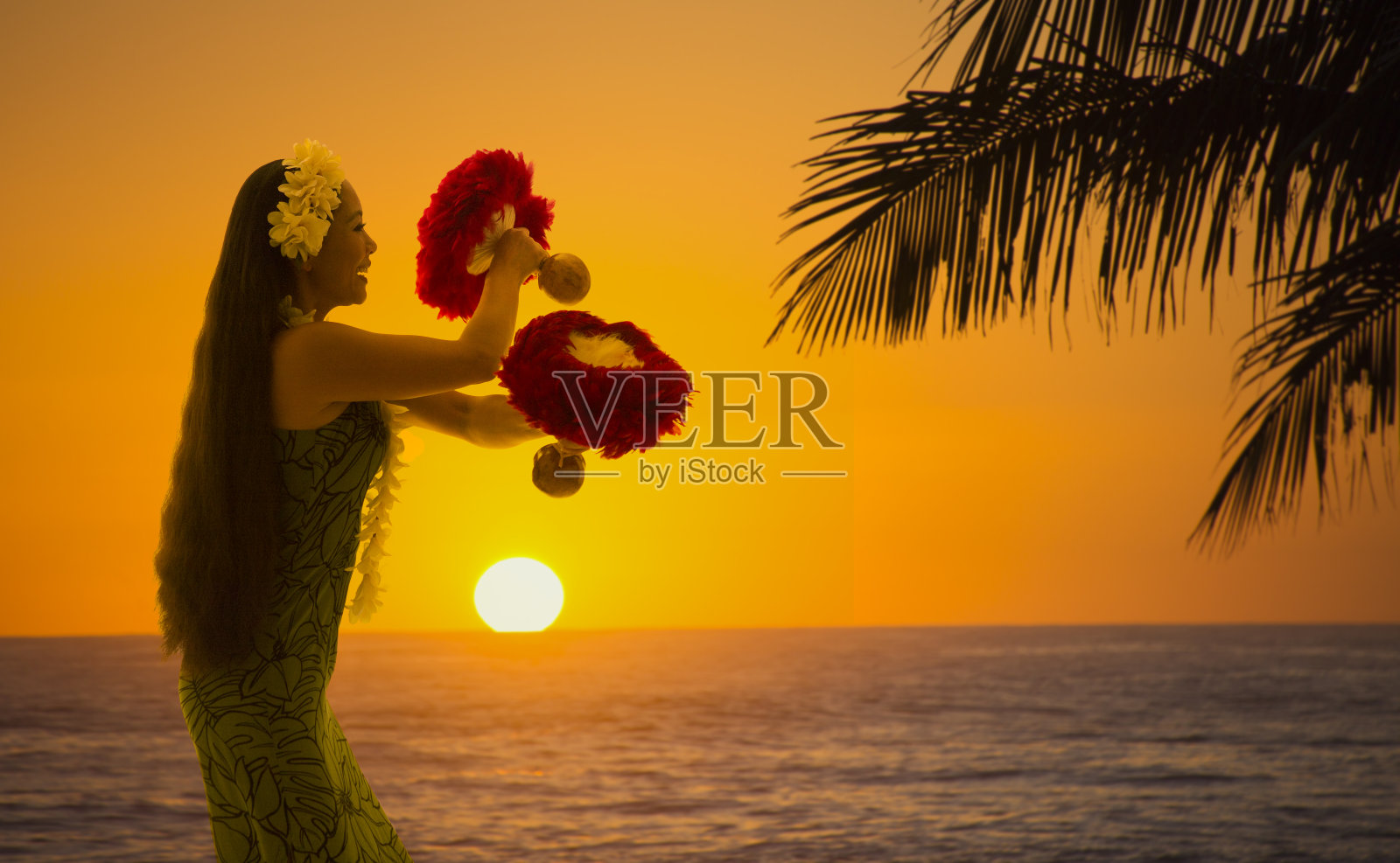 夏威夷海滩上的草裙舞在日落与棕榈树照片摄影图片