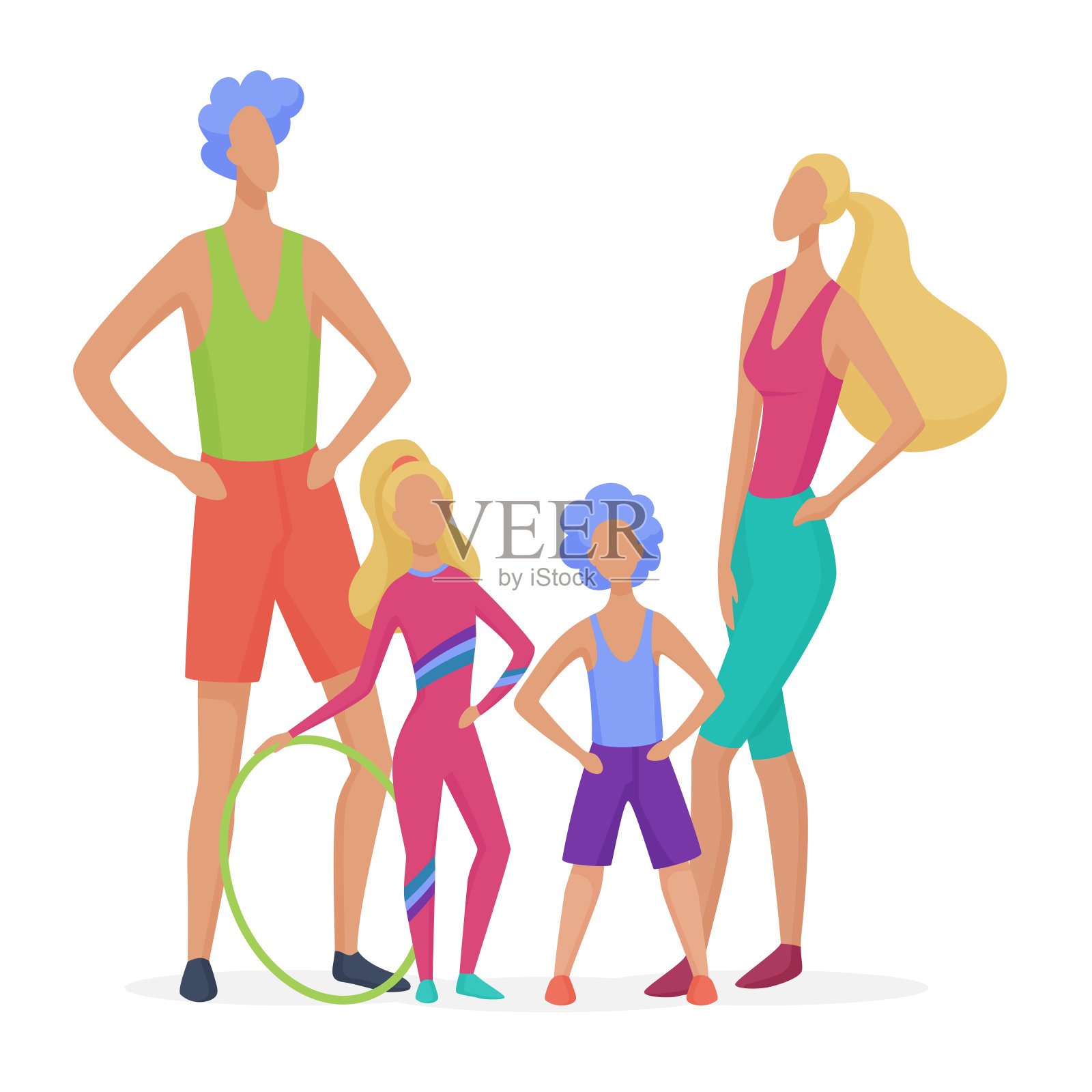 体育家庭孤立。爸爸，妈妈，儿子和女儿准备做健身抽象极简风格矢量插图。插画图片素材