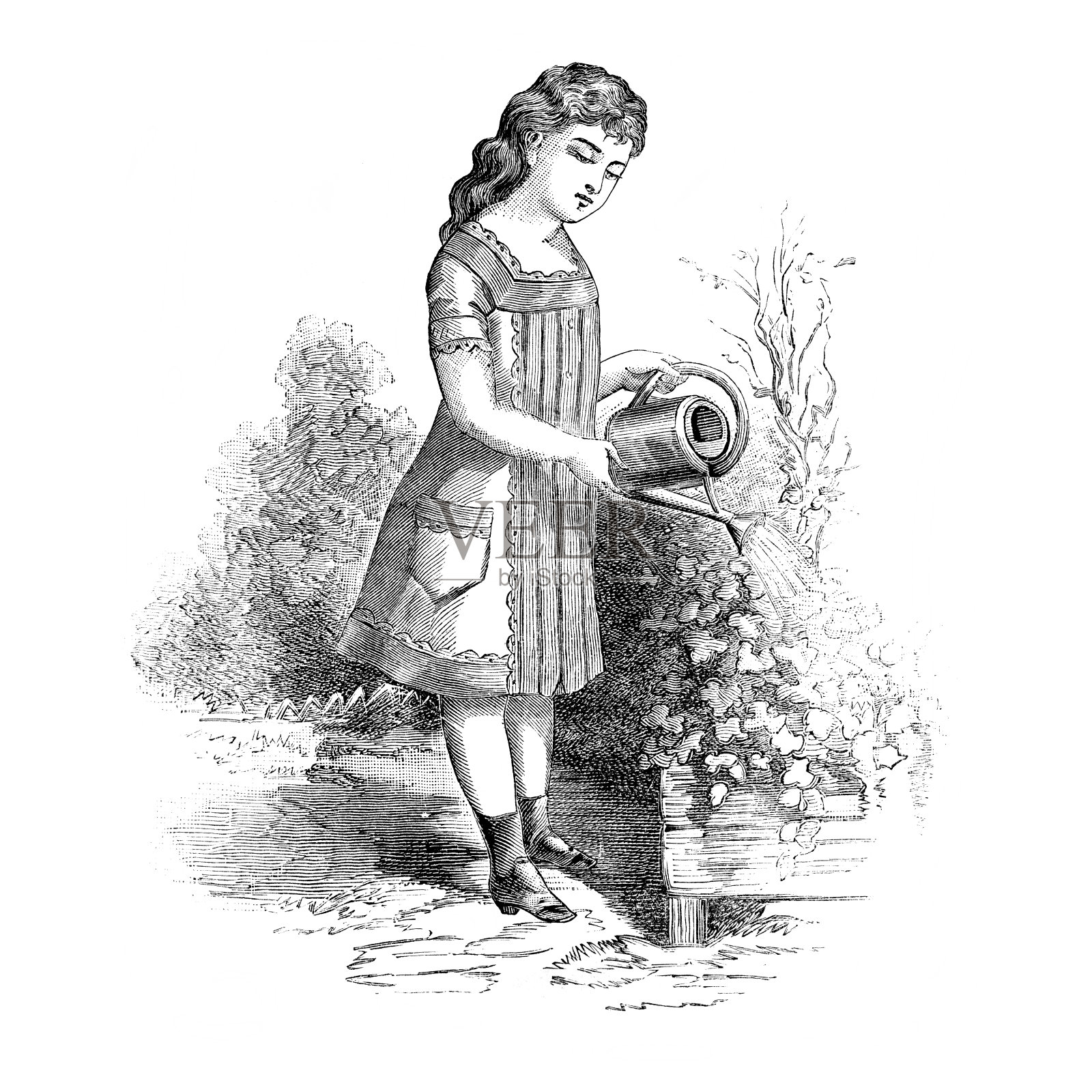 维多利亚女孩与喷壶古董法国插图插画图片素材