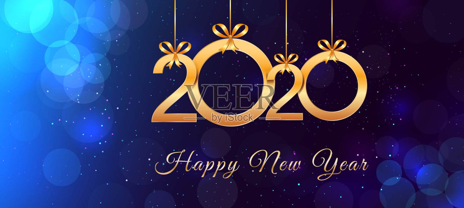 新年快乐2020文字设计与悬挂金色数字和丝带蝴蝶结的蓝色背景与散景效果和闪光。假日横幅，海报，贺卡模板。鼠年插画图片素材