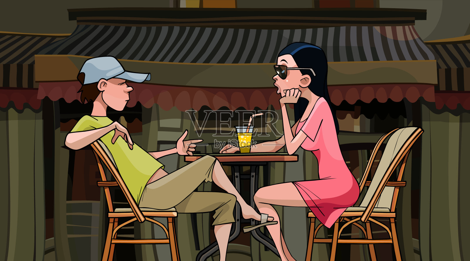 一对卡通夫妇坐在街边咖啡馆的一张桌子旁聊天插画图片素材