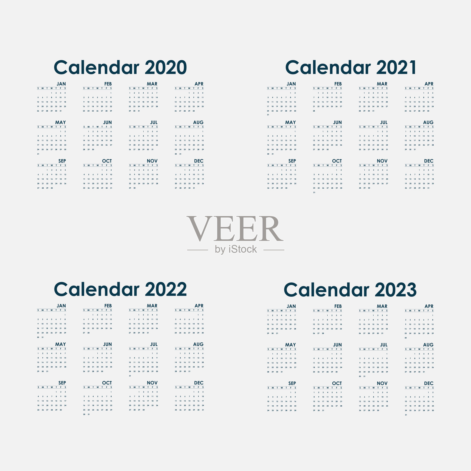 日历2020年，2021年，2022年和2023年日历模板。日历的设计。年历矢量设计文具模板。矢量插图。设计模板素材