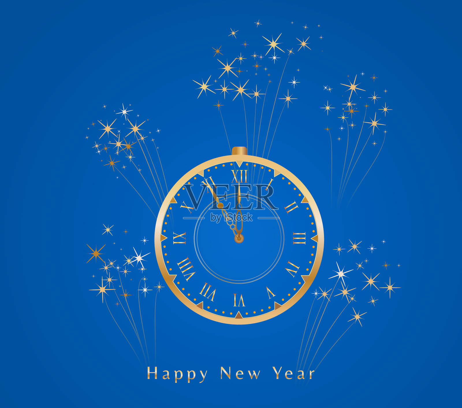 新年快乐贺卡与金色闪亮的复古时钟和火花烟花孤立在蓝色背景。离午夜还有五分钟。节日横幅，海报，邀请模板。本空间插画图片素材