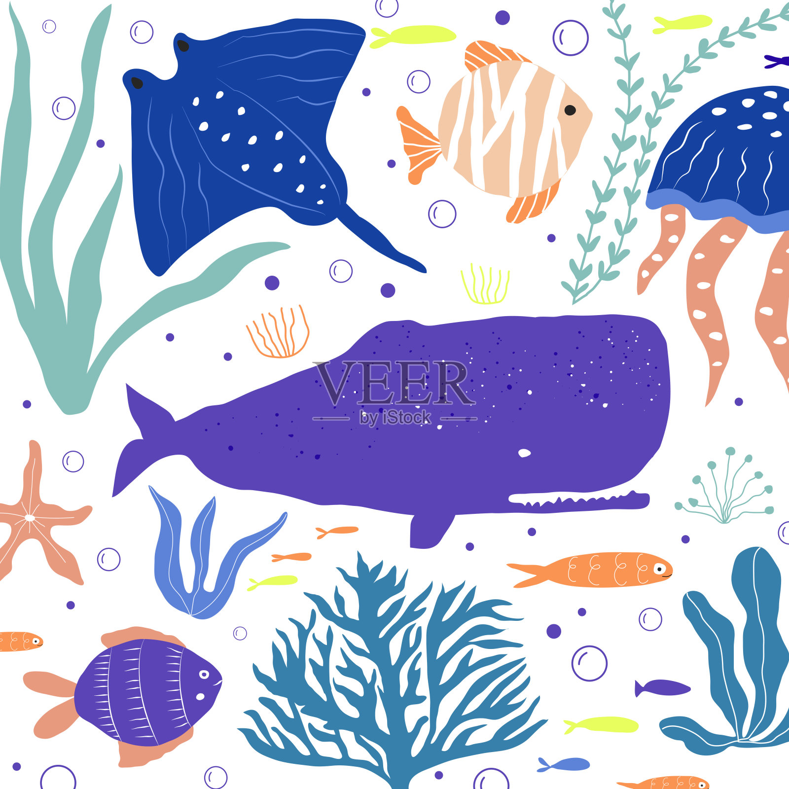 水下生物章鱼、鲸鱼、鱼类、水母、小丑鱼、海洋植物和珊瑚，以海洋动物为织物、纺织品、墙纸、托儿所装饰、版画、儿童背景。向量设计元素图片