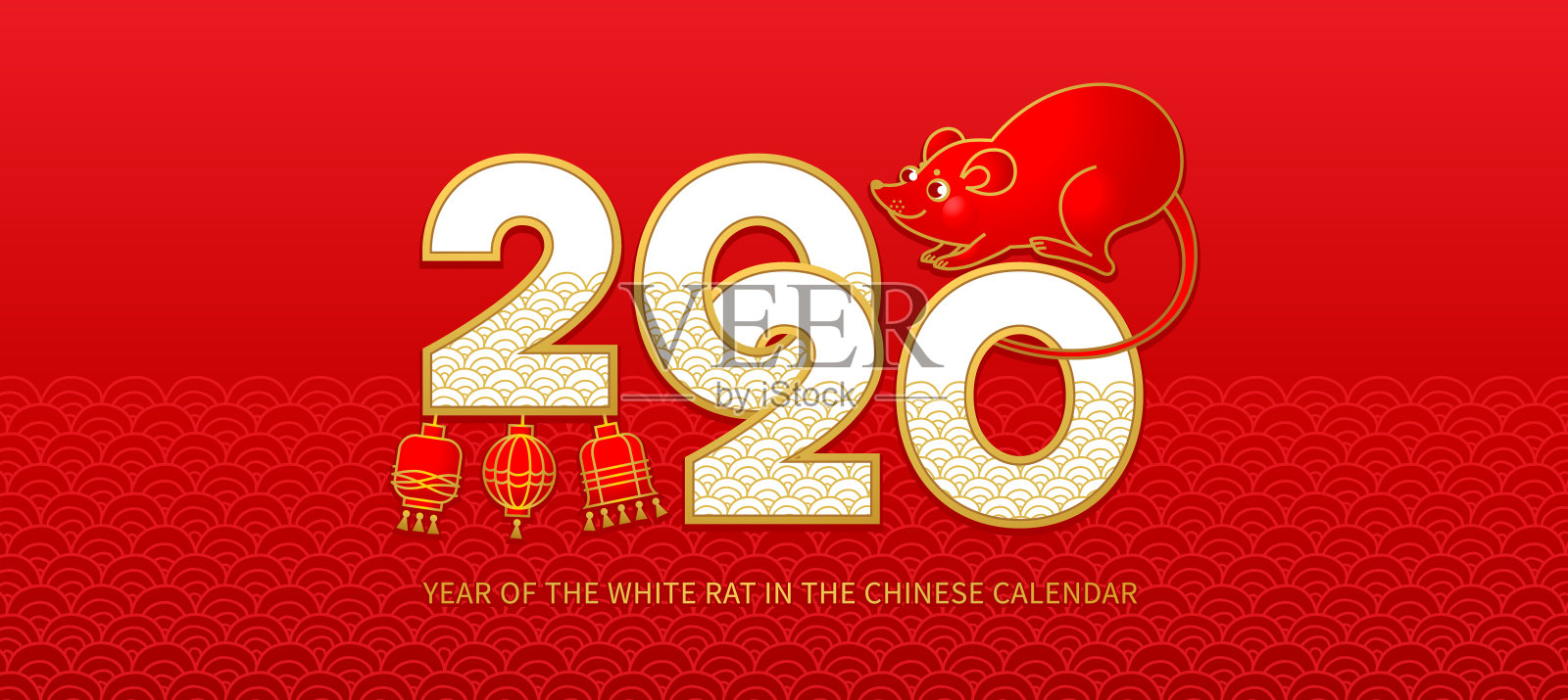中国日历上的白色金属老鼠标志横幅。插画图片素材
